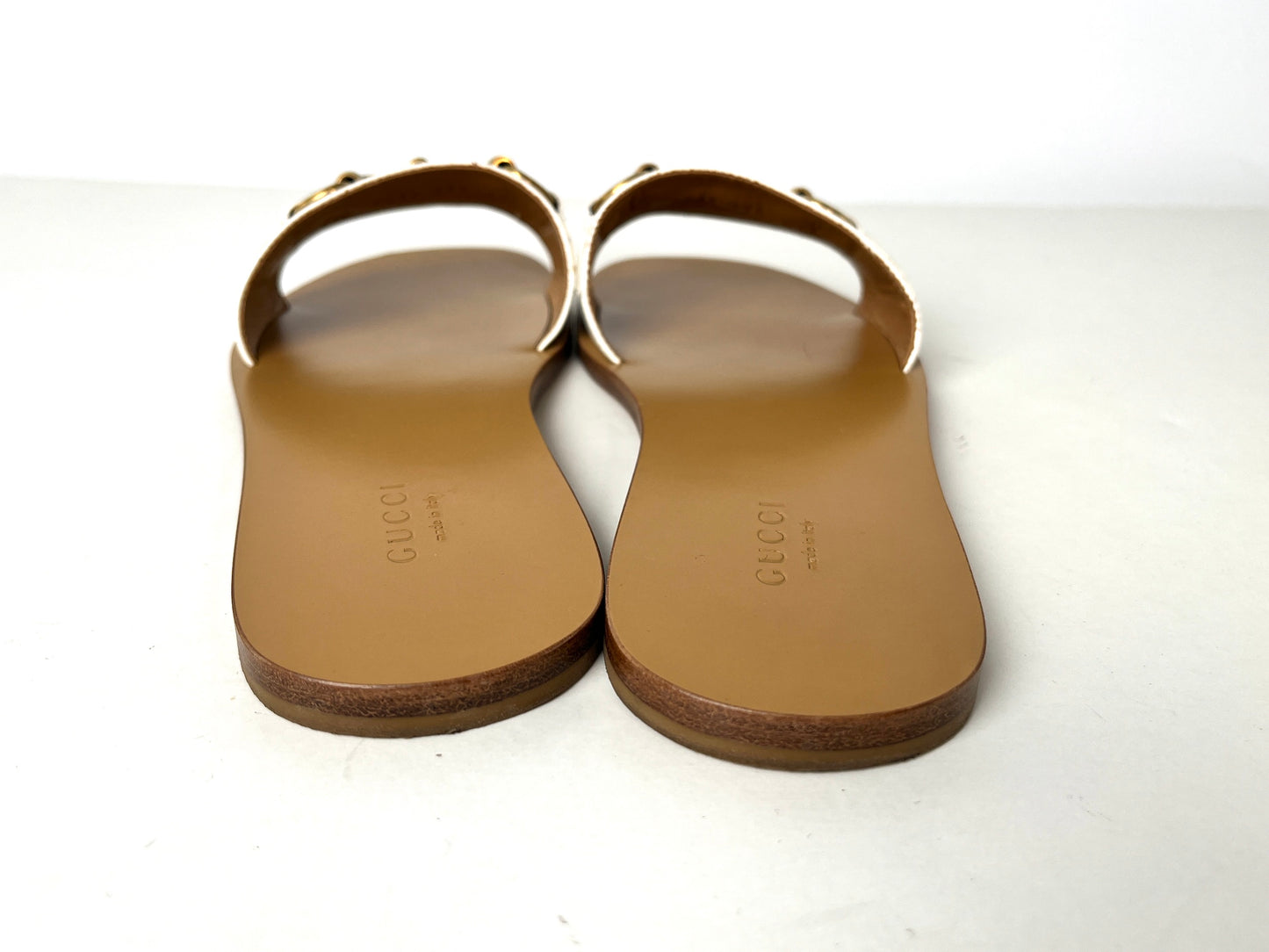 GUCCI Malaga Kid Off White Horsebit Fringe Leather Slide Sandals 37.5 7.5
