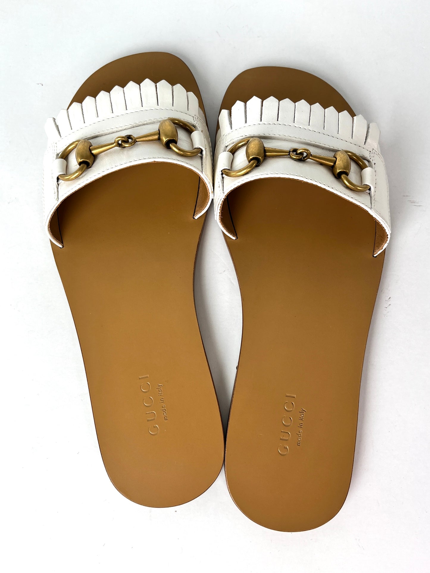 GUCCI Malaga Kid Off White Horsebit Fringe Leather Slide Sandals 37.5 7.5