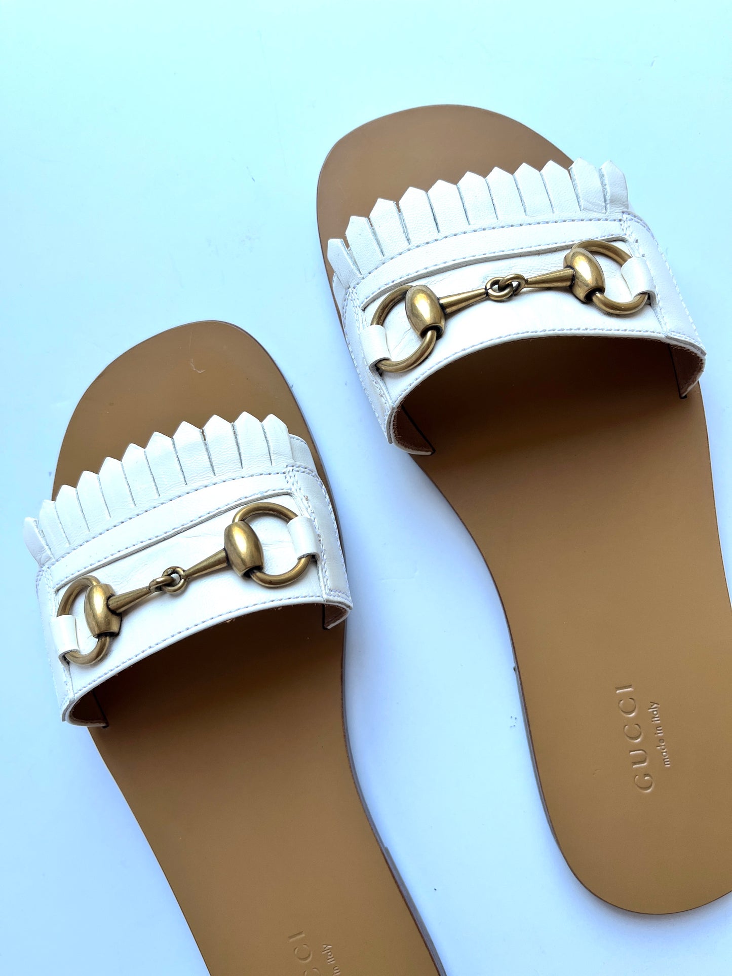 GUCCI Malaga Kid Off White Horsebit Fringe Leather Slide Sandals 37.5 7.5