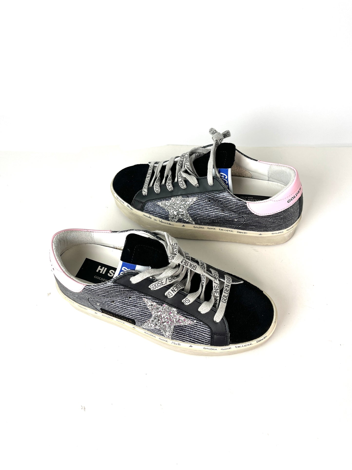 Golden Goose Hi Star Classic with List Platform Black Glitter Sneakers 38