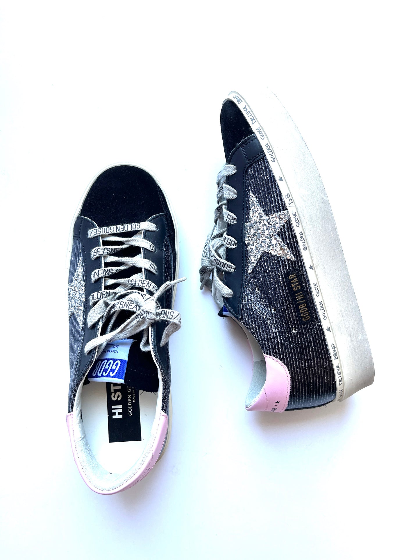 Golden Goose Hi Star Classic with List Platform Black Glitter Sneakers 38