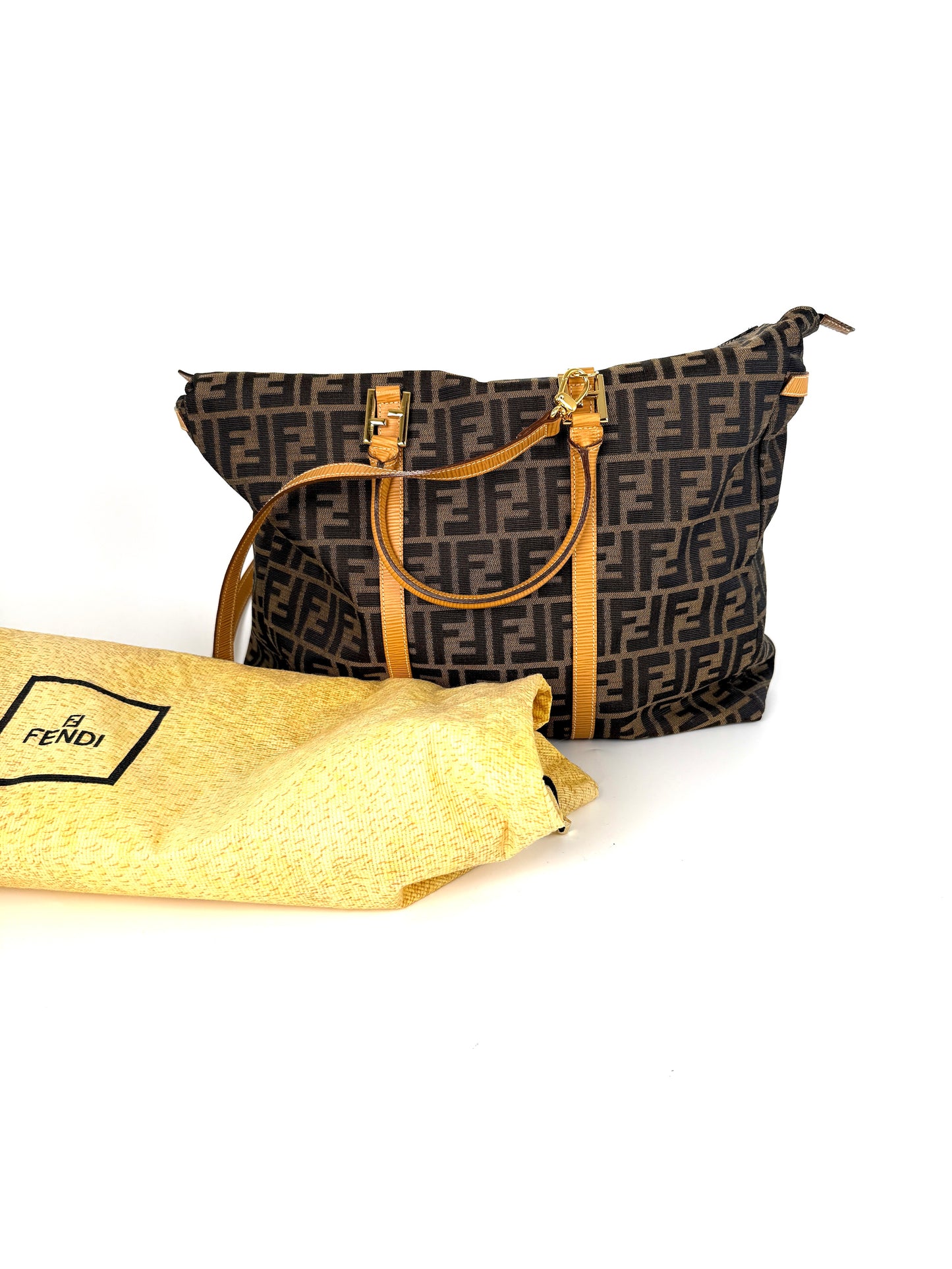 Vintage FENDI Zucca FF Brown Canvas Travel Weekender Tote Shoulder Bag