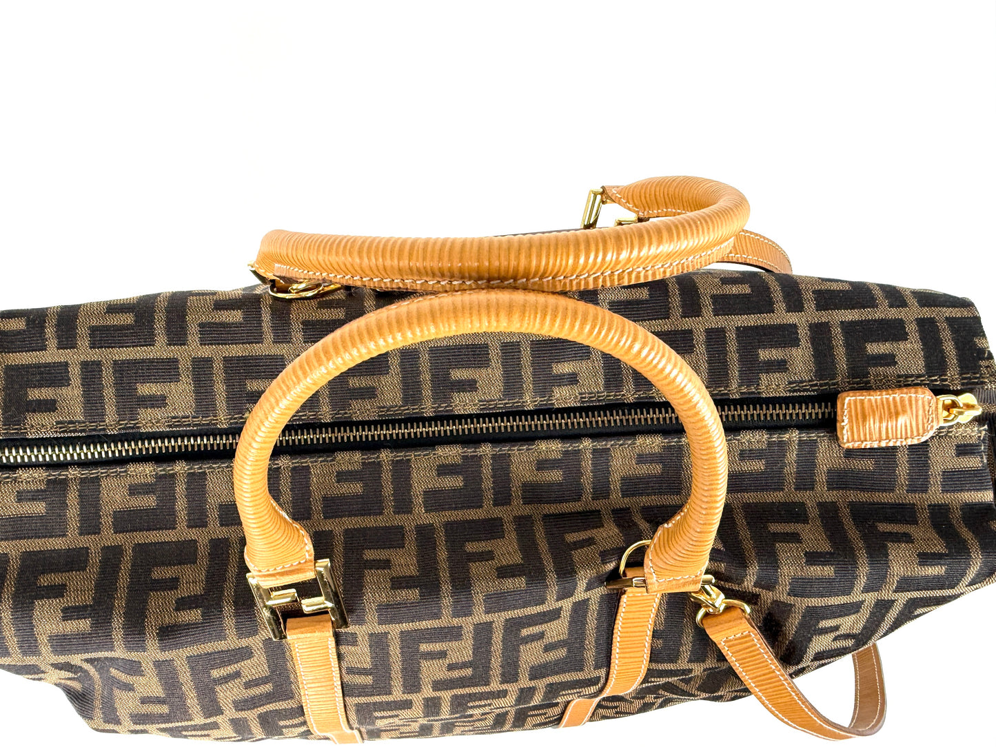 Vintage FENDI Zucca FF Brown Canvas Travel Weekender Tote Shoulder Bag