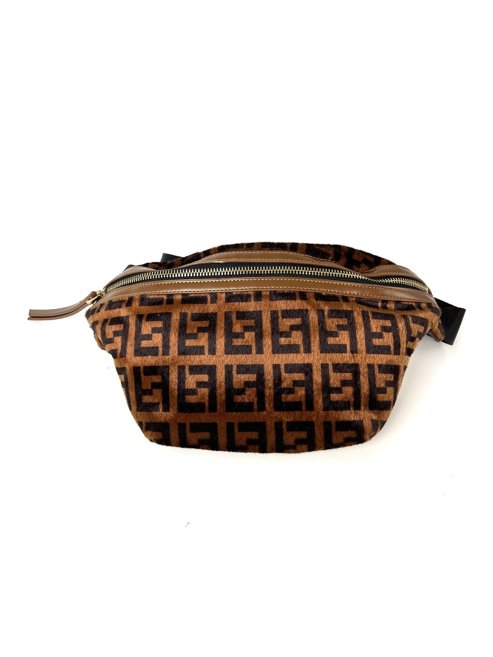 FENDI Monogram Calf Hair Zucca Brown Black Bumbag Waist Bag
