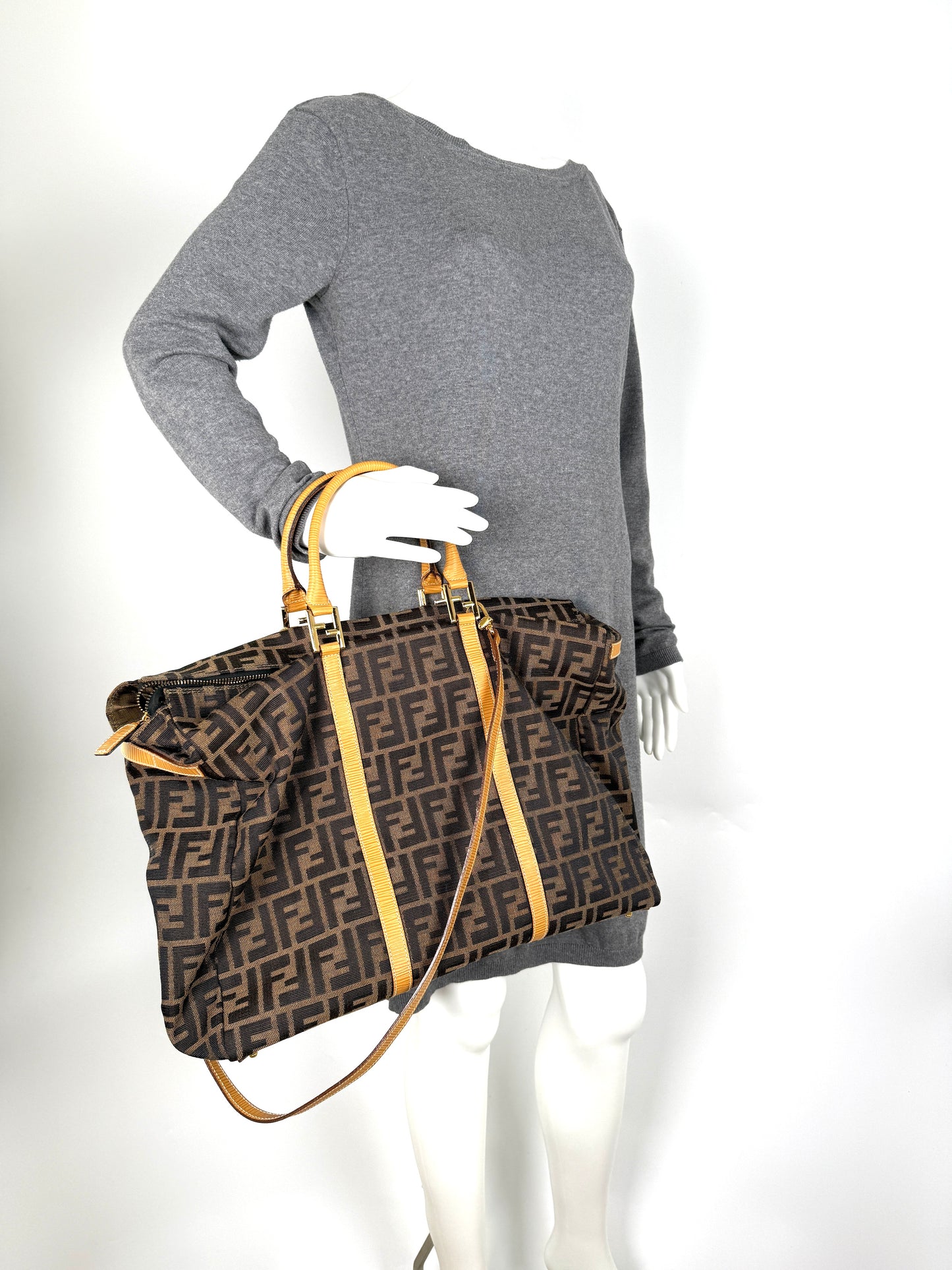 Vintage FENDI Zucca FF Brown Canvas Travel Weekender Tote Shoulder Bag