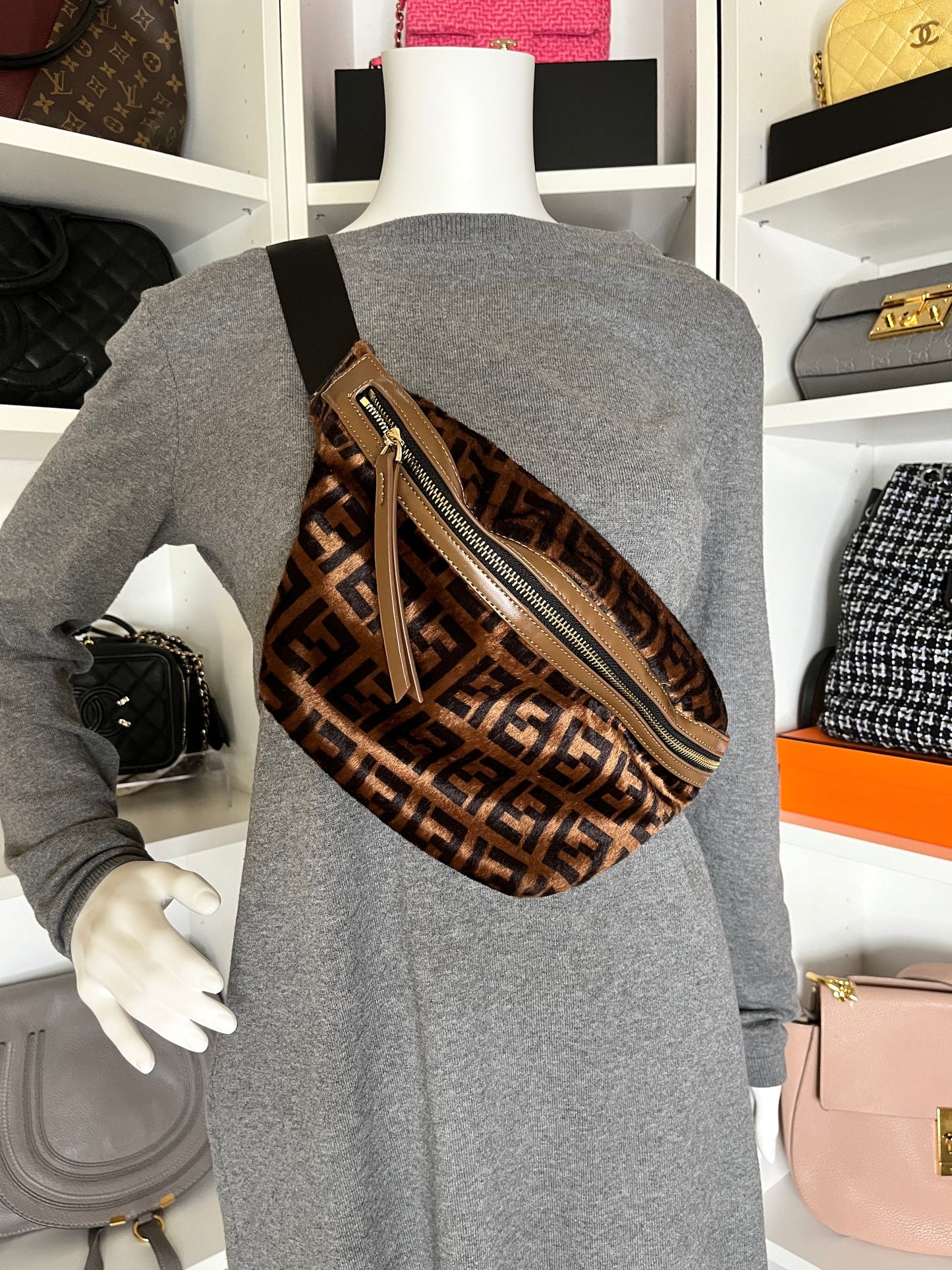 FENDI Monogram Calf Hair Zucca Brown Black Bumbag Waist Bag