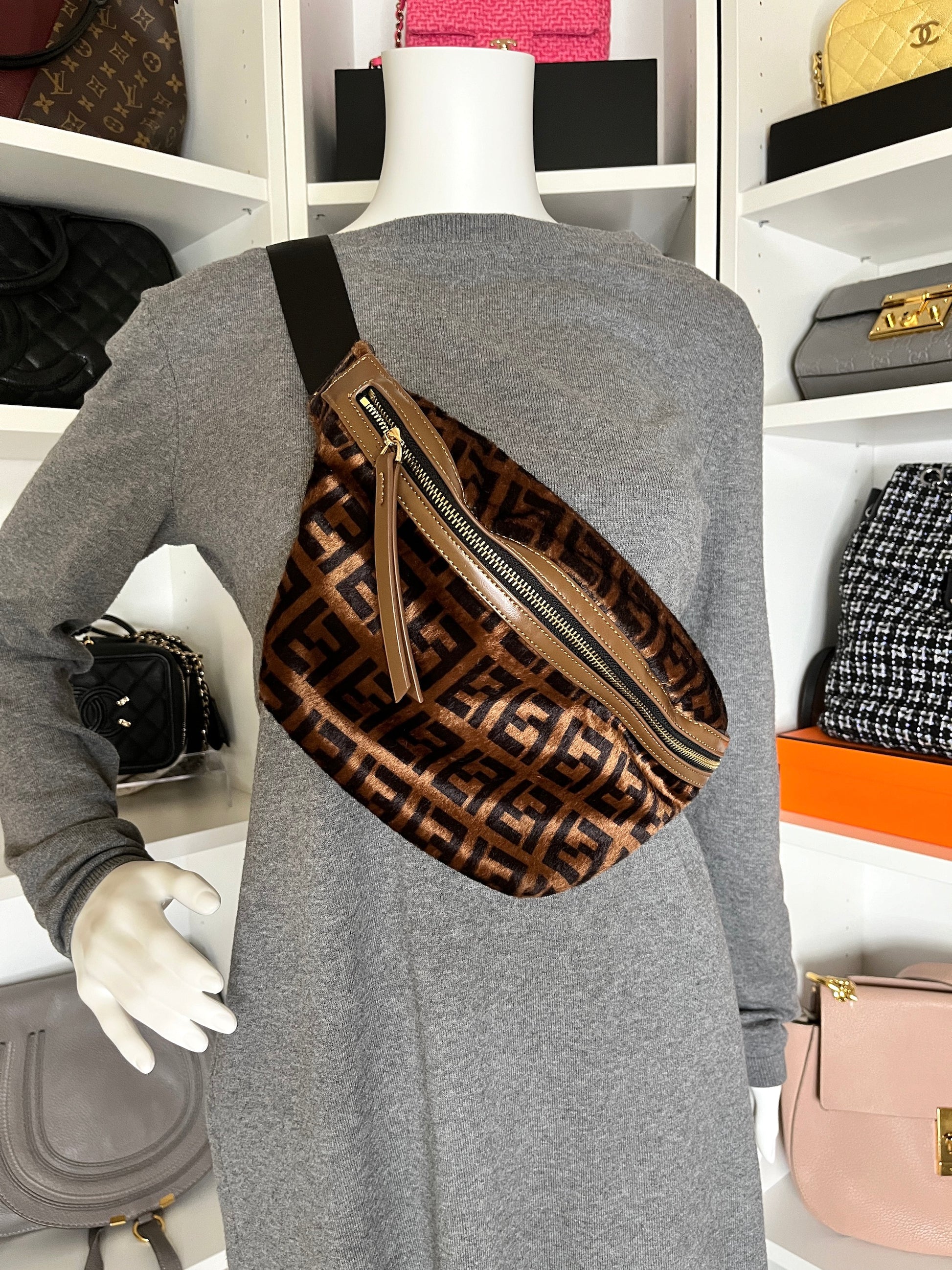 FENDI Monogram Calf Hair Zucca Brown Black Bumbag Waist Bag