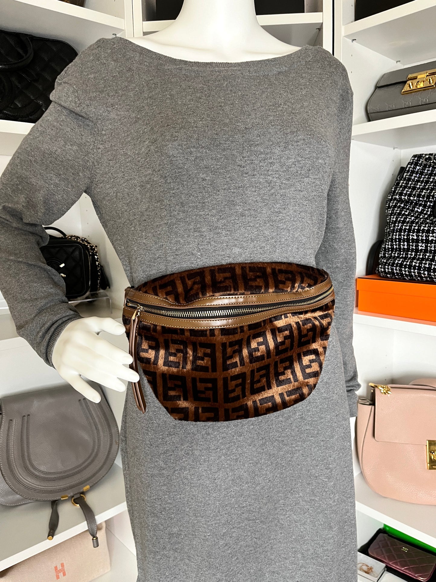 FENDI Monogram Calf Hair Zucca Brown Black Bumbag Waist Bag