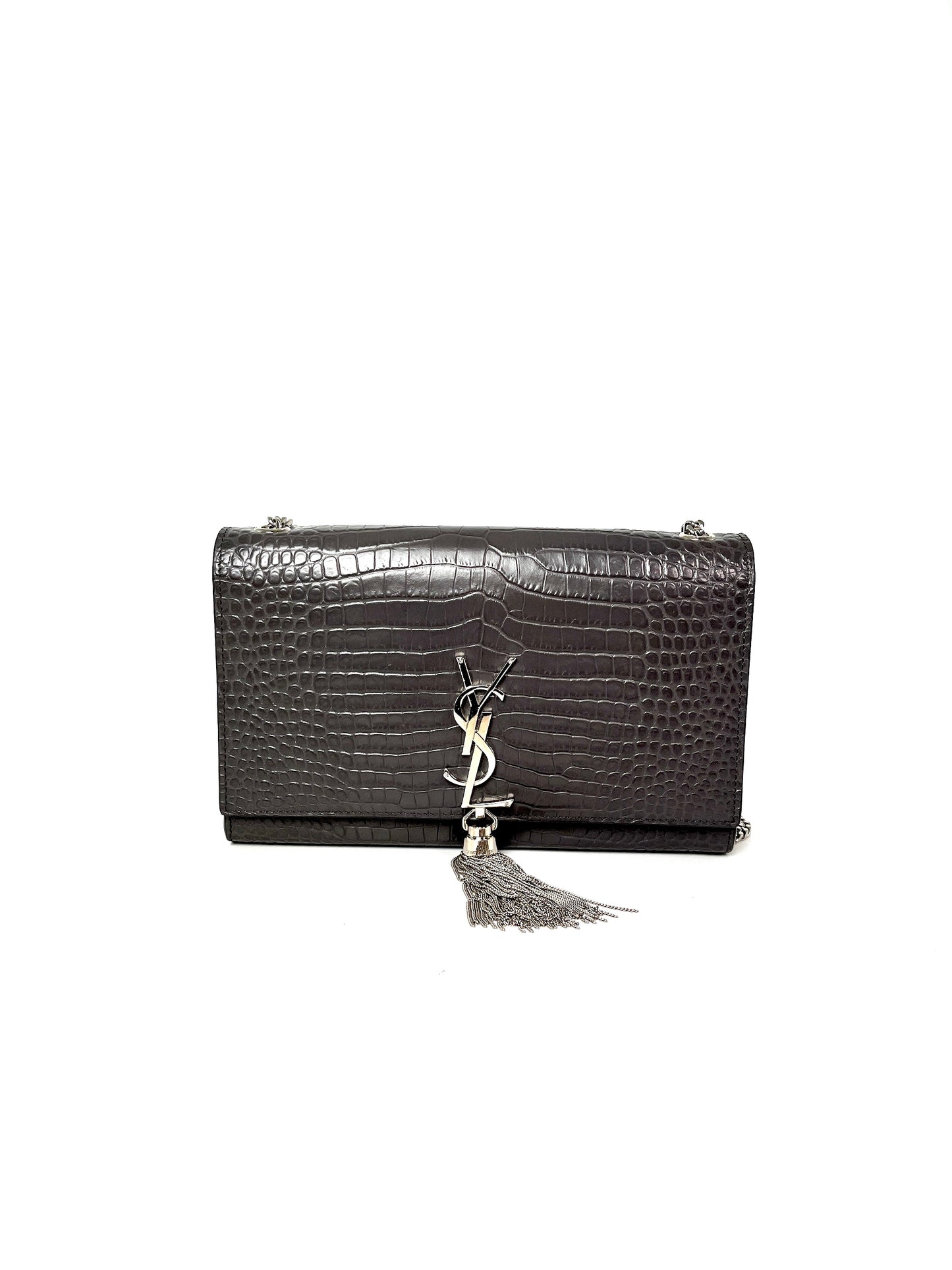 Saint Laurent Kate Gray Medium Embossed Tassel Shoulder Bag