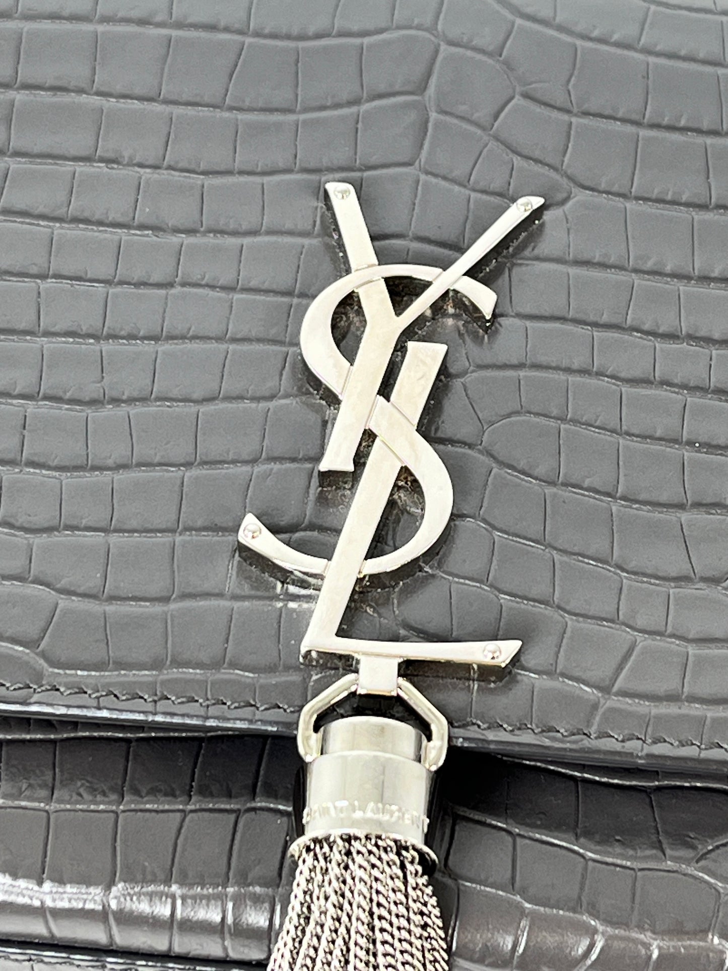 Saint Laurent Kate Gray Medium Embossed Tassel Shoulder Bag