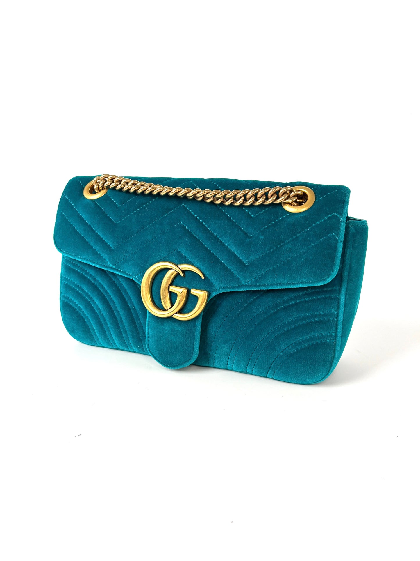 GUCCI Marmont Matelasse Small Velvet GG Pavone Cyan Crossbody Shoulder Bag