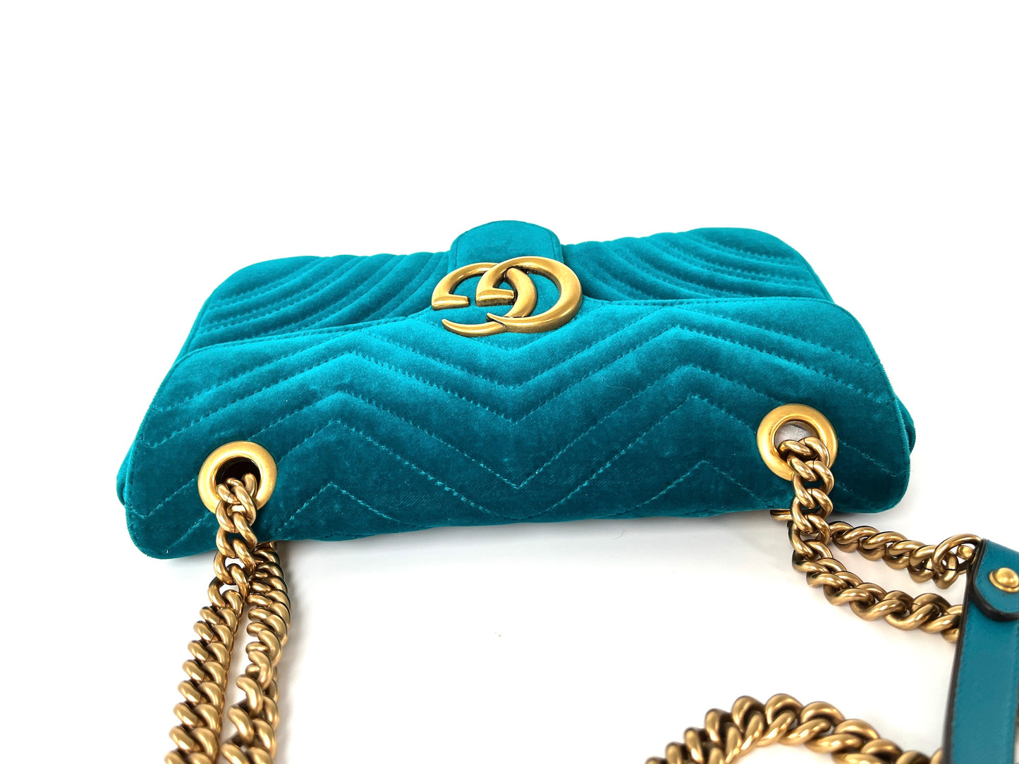 GUCCI Marmont Matelasse Small Velvet GG Pavone Cyan Crossbody Shoulder Bag