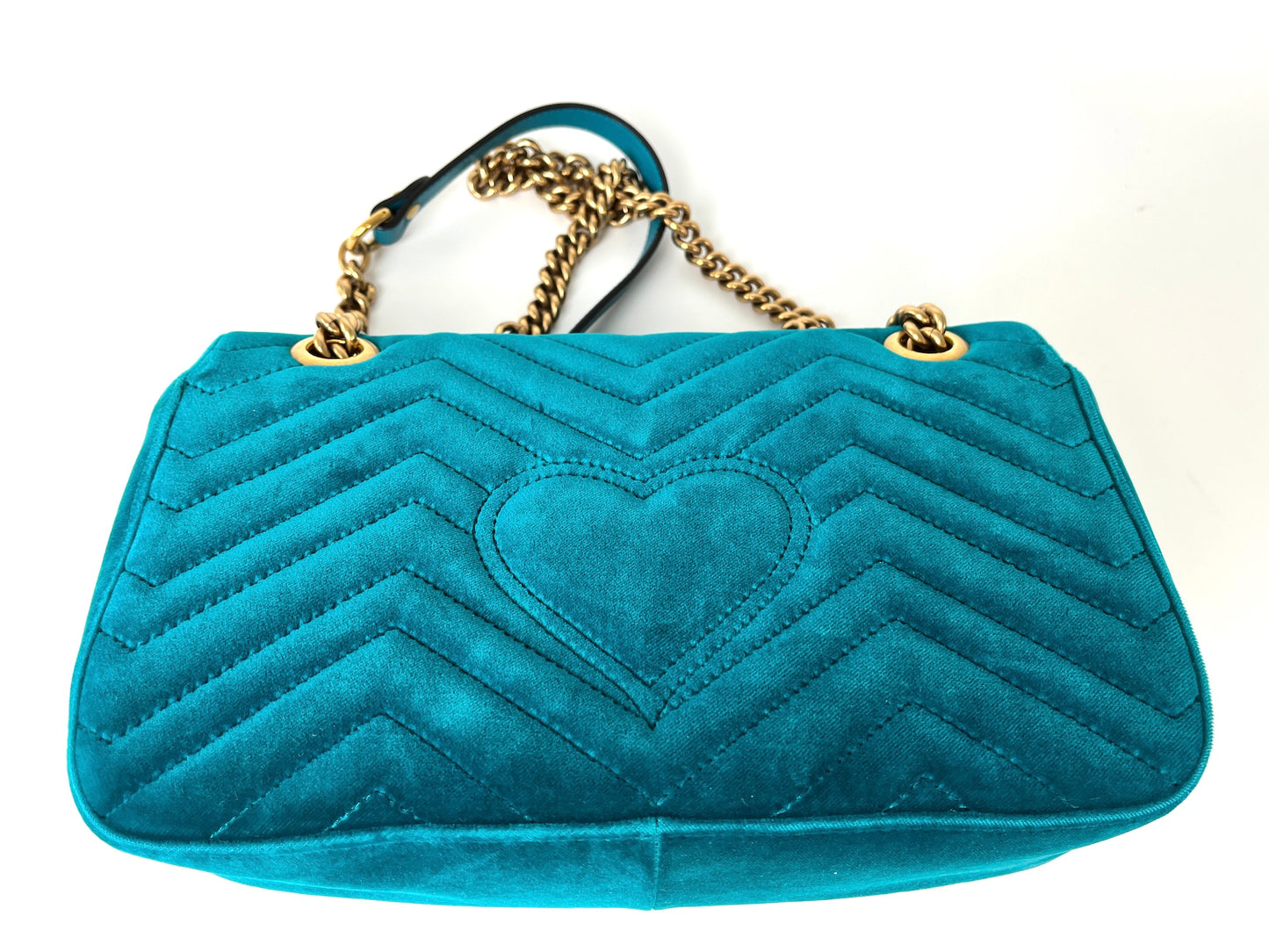 GUCCI Marmont Matelasse Small Velvet GG Pavone Cyan Crossbody Shoulder Bag