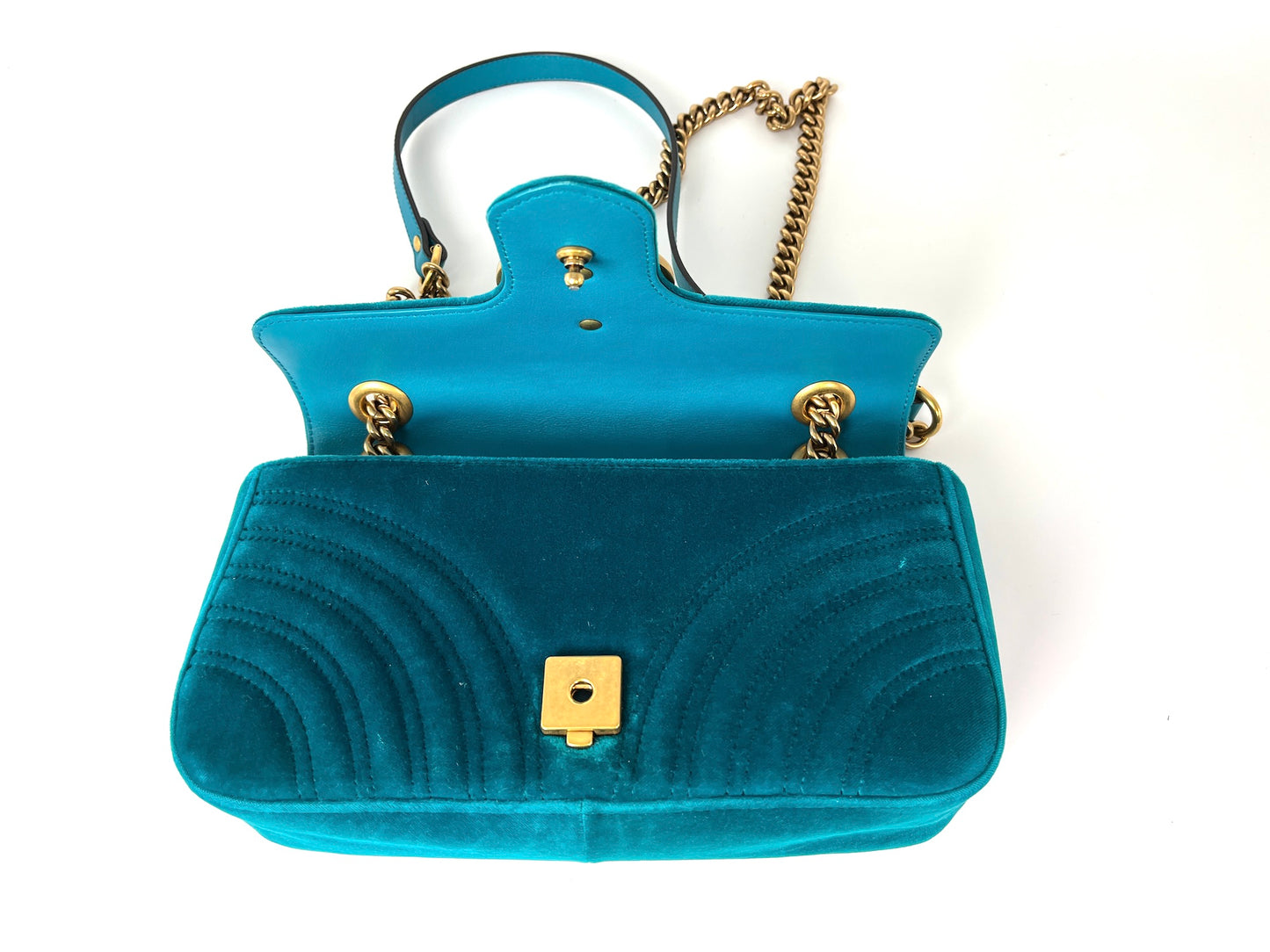 GUCCI Marmont Matelasse Small Velvet GG Pavone Cyan Crossbody Shoulder Bag