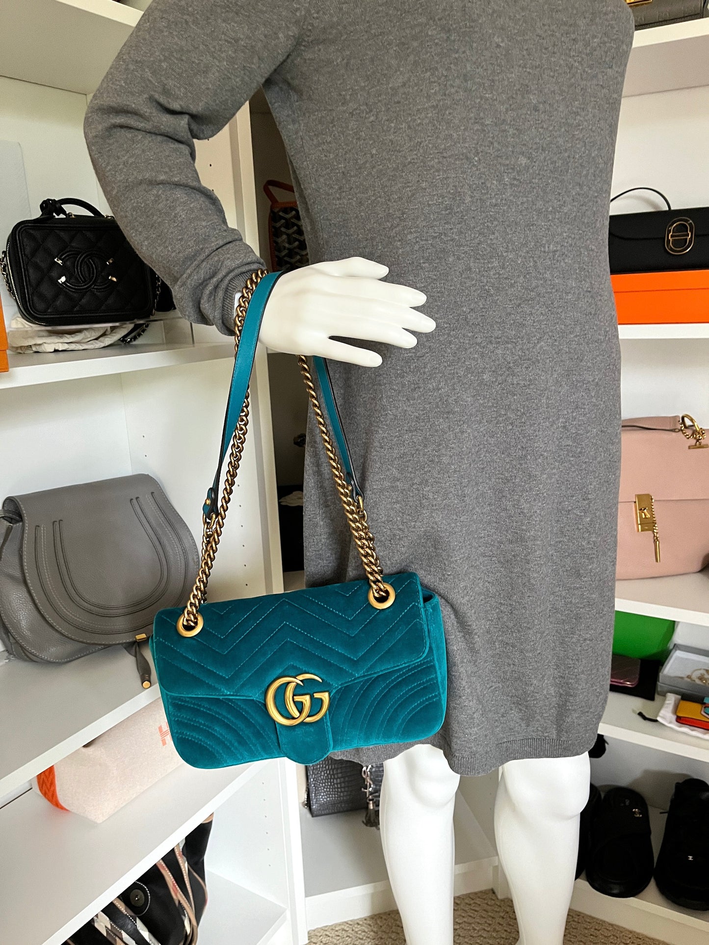GUCCI Marmont Matelasse Small Velvet GG Pavone Cyan Crossbody Shoulder Bag