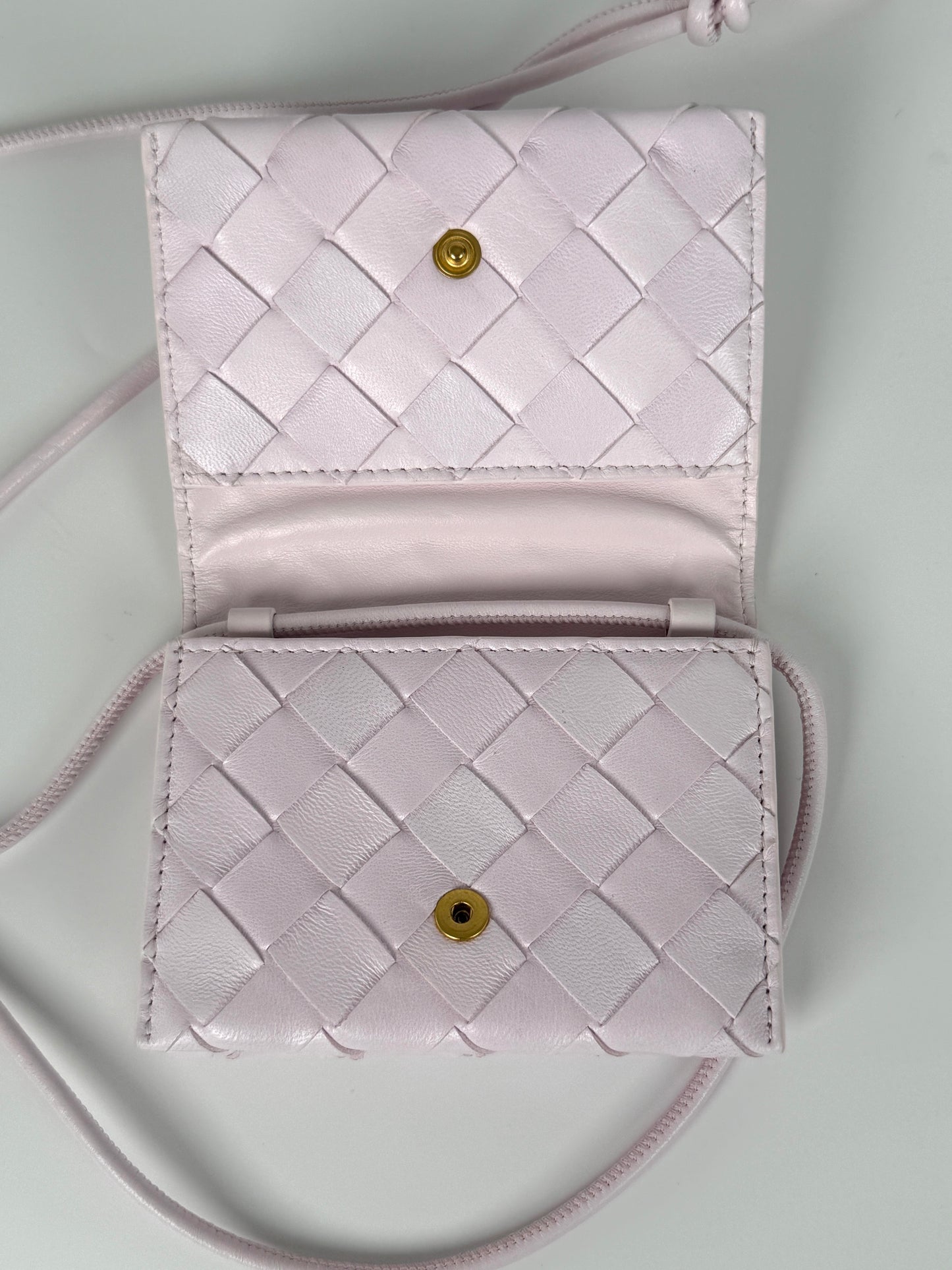 Bottega Veneta Intrecciato Bliss Pink Leather Crossbody Card Case Holder with Strap Belt Bag