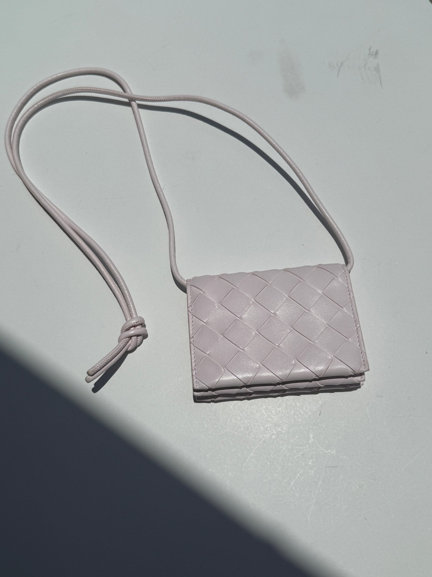 Bottega Veneta Intrecciato Bliss Pink Leather Crossbody Card Case Holder with Strap Belt Bag