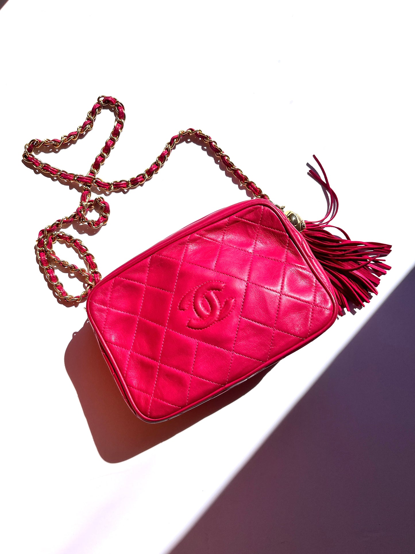 CHANEL Vintage Tassel Pink Leather Quilted Crossbody Camera Case Bag Local Consignment