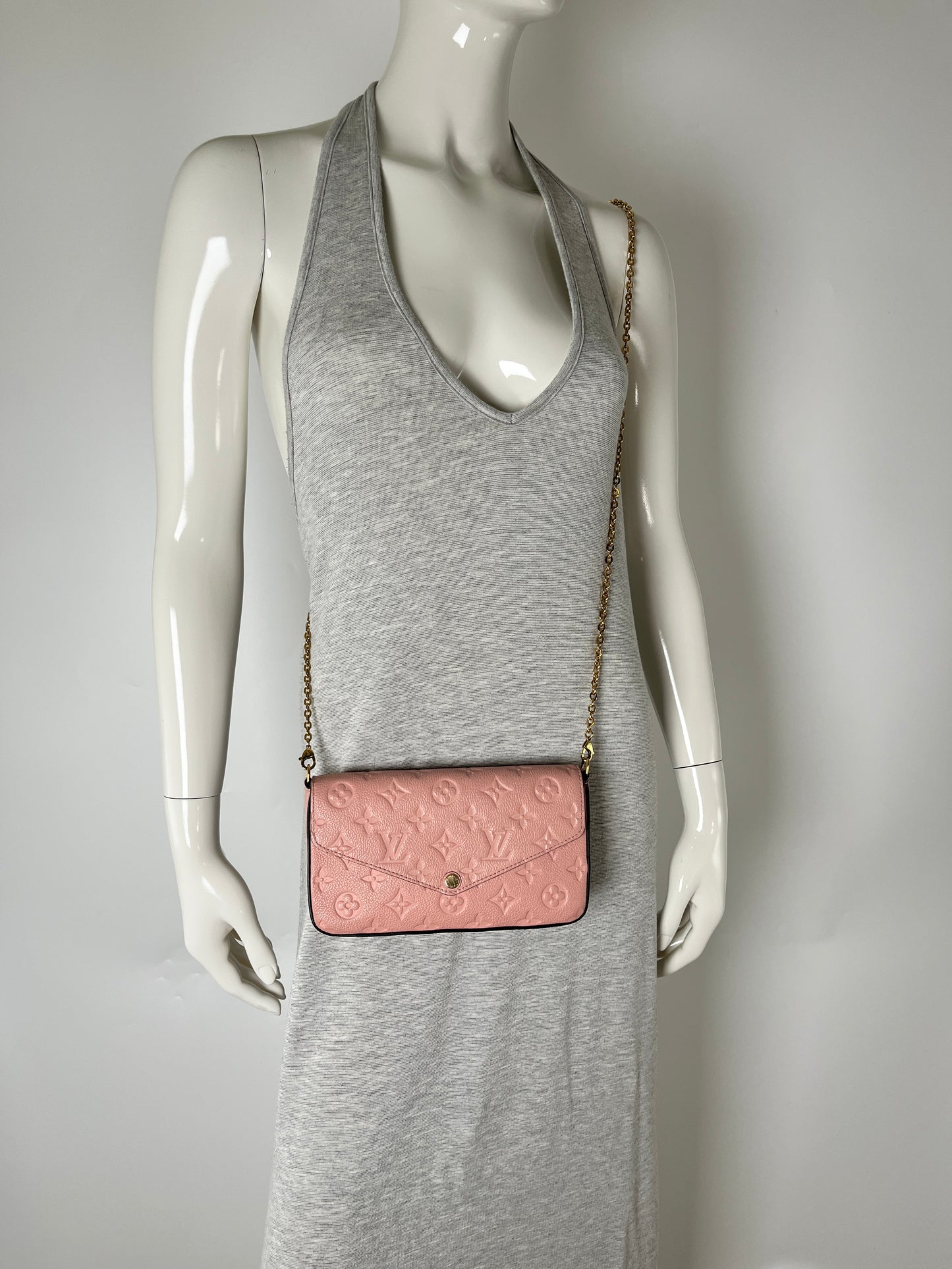 LOUIS VUITTON Felicie Rose Poudre Pink Monogram Empreinte Leather Chain Wallet Pochette designer consignment