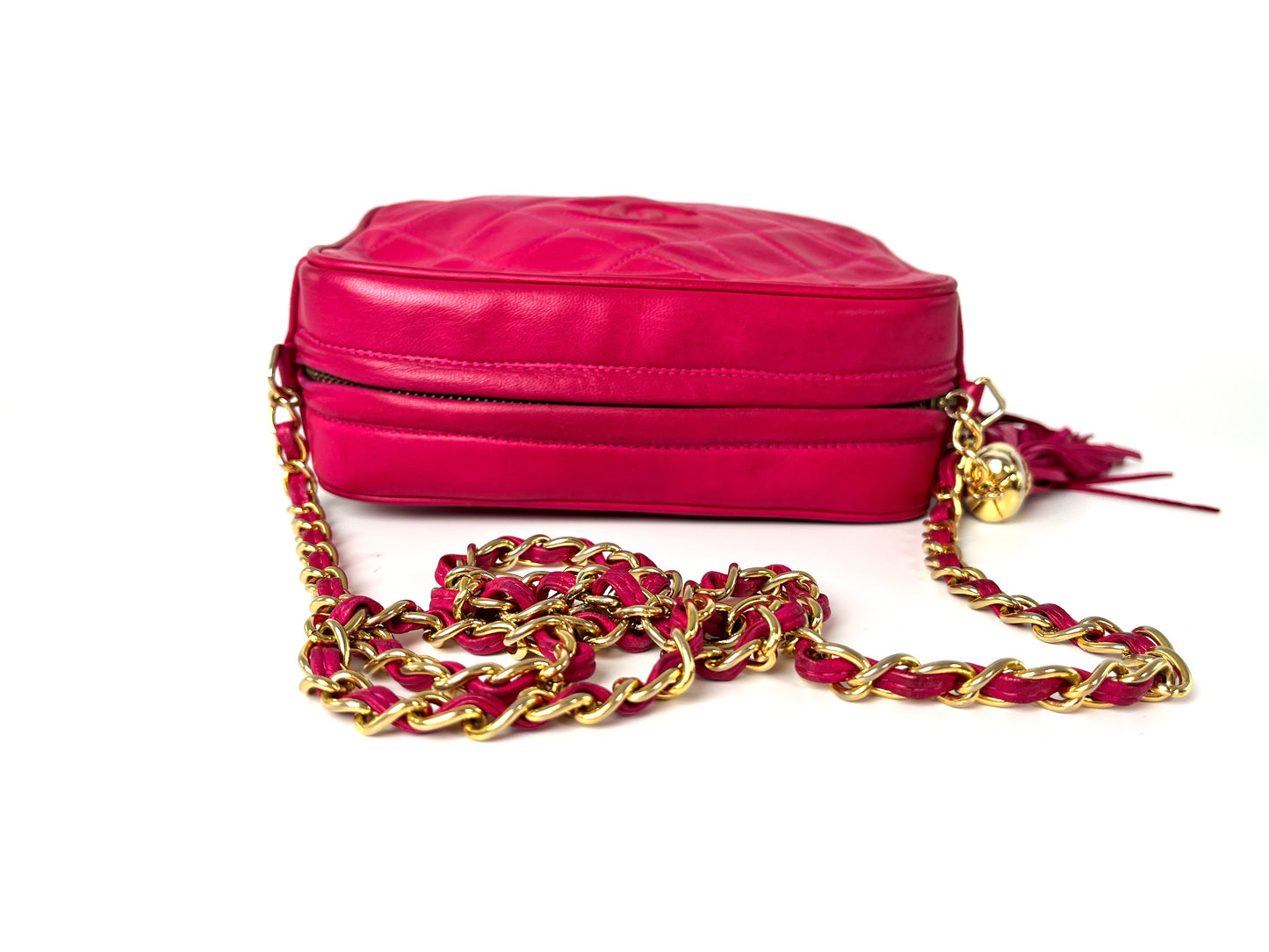 CHANEL Vintage Tassel Pink Leather Quilted Crossbody Camera Case Bag