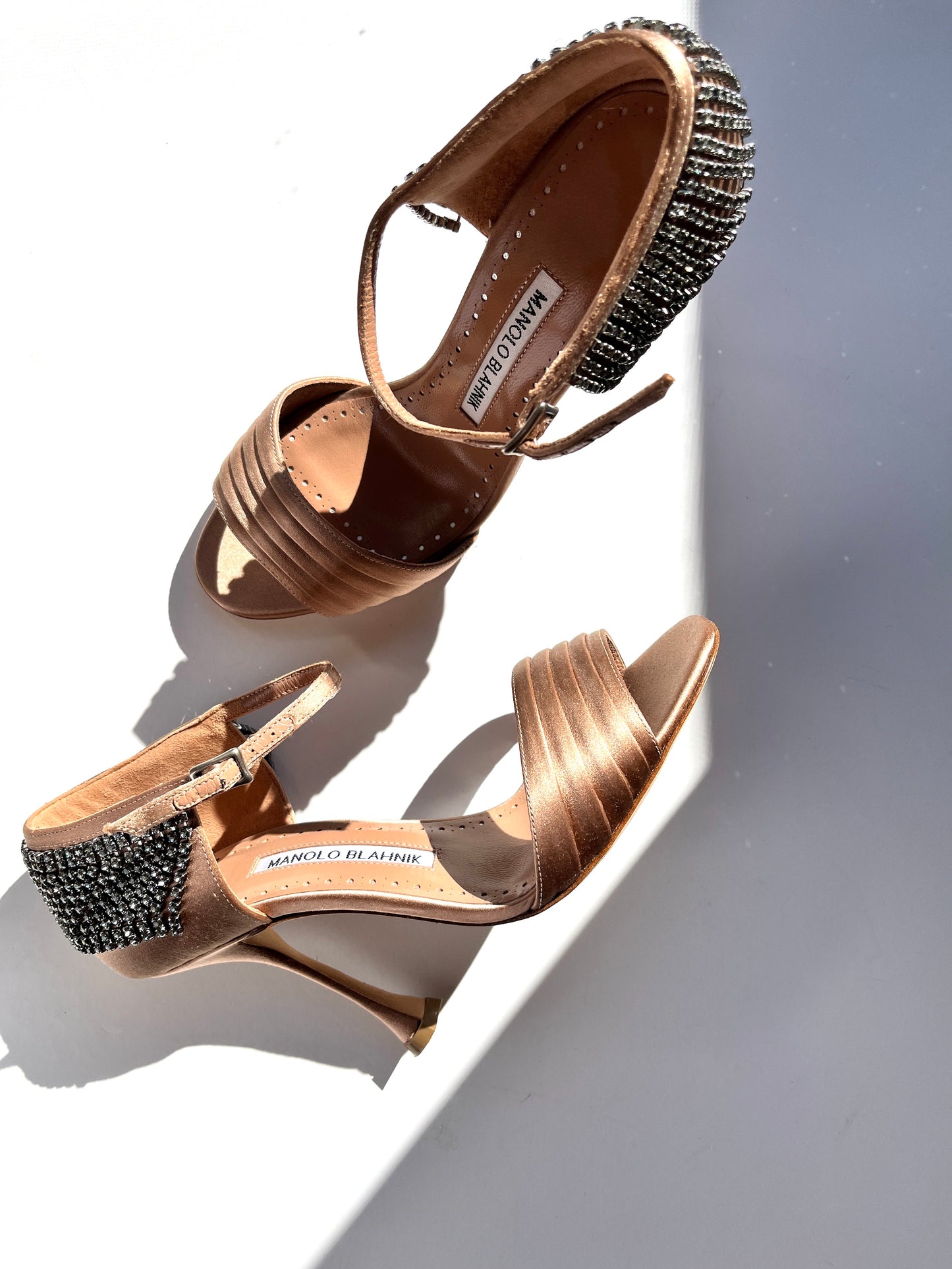 New Manolo Blahnik Sidina Satin Nude Crystal Sandals Heels 36 5.5