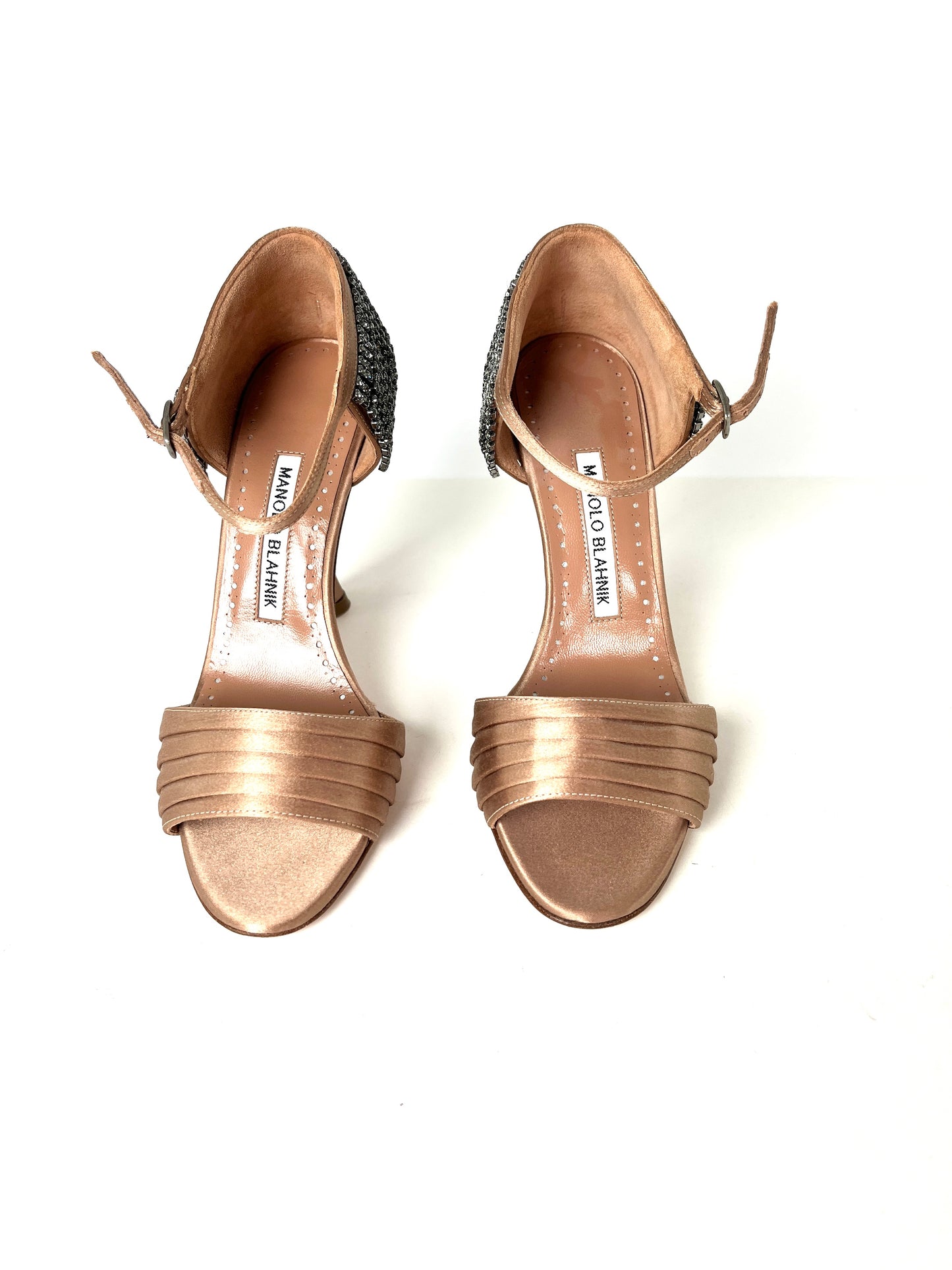 New Manolo Blahnik Sidina Satin Nude Crystal Sandals Heels 36 5.5
