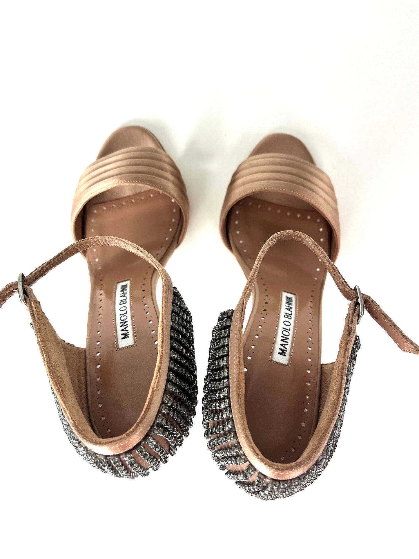 New Manolo Blahnik Sidina Satin Nude Crystal Sandals Heels 36 5.5