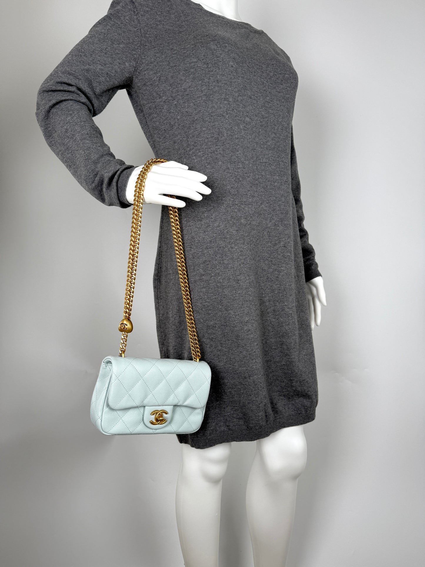 CHANEL Mini Rectangular Sweetheart Quilted Caviar Light Blue Flap Bag