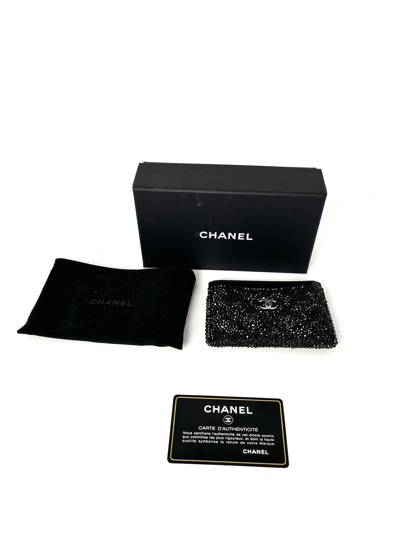 CHANEL Black Swarovski Crystal Leather Card Case Wallet