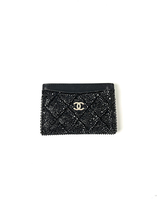 CHANEL Black Swarovski Crystal Leather Card Case Wallet