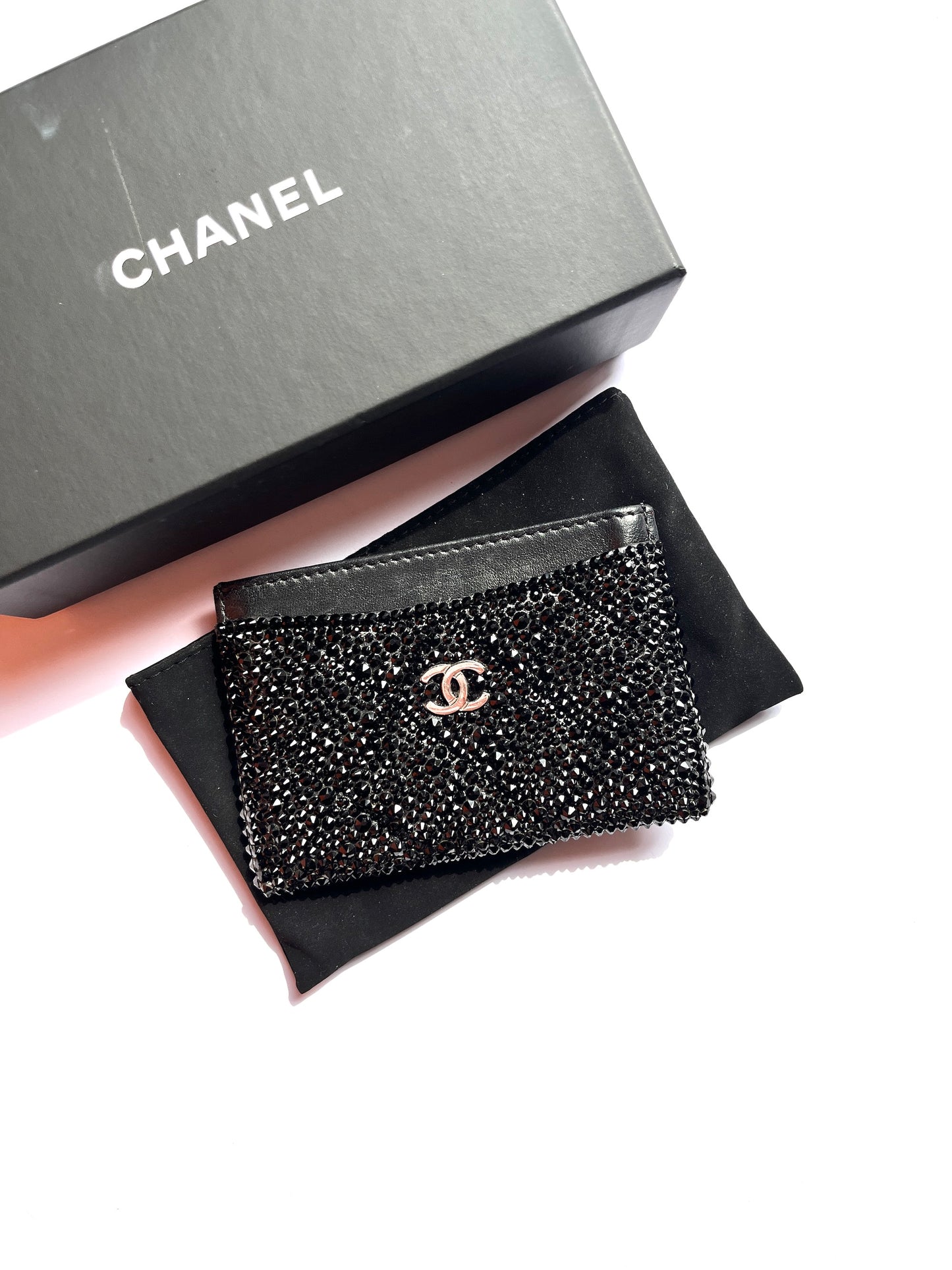 CHANEL Black Swarovski Crystal Leather Card Case Wallet