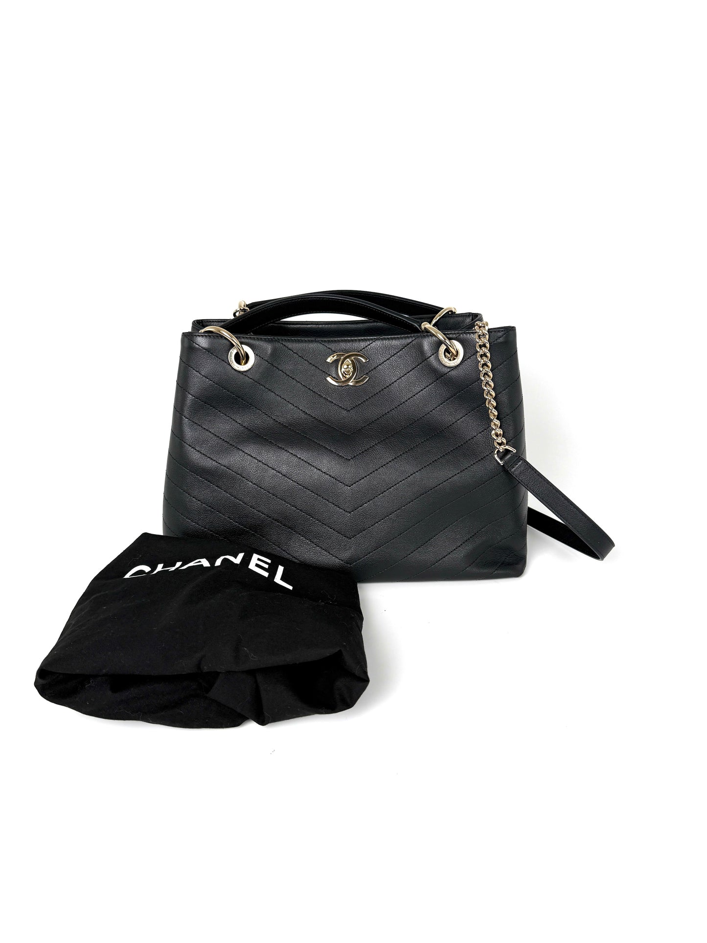 CHANEL Large Chevron Stitched Chic Shopping Black Calfskin Leather Tote Bag