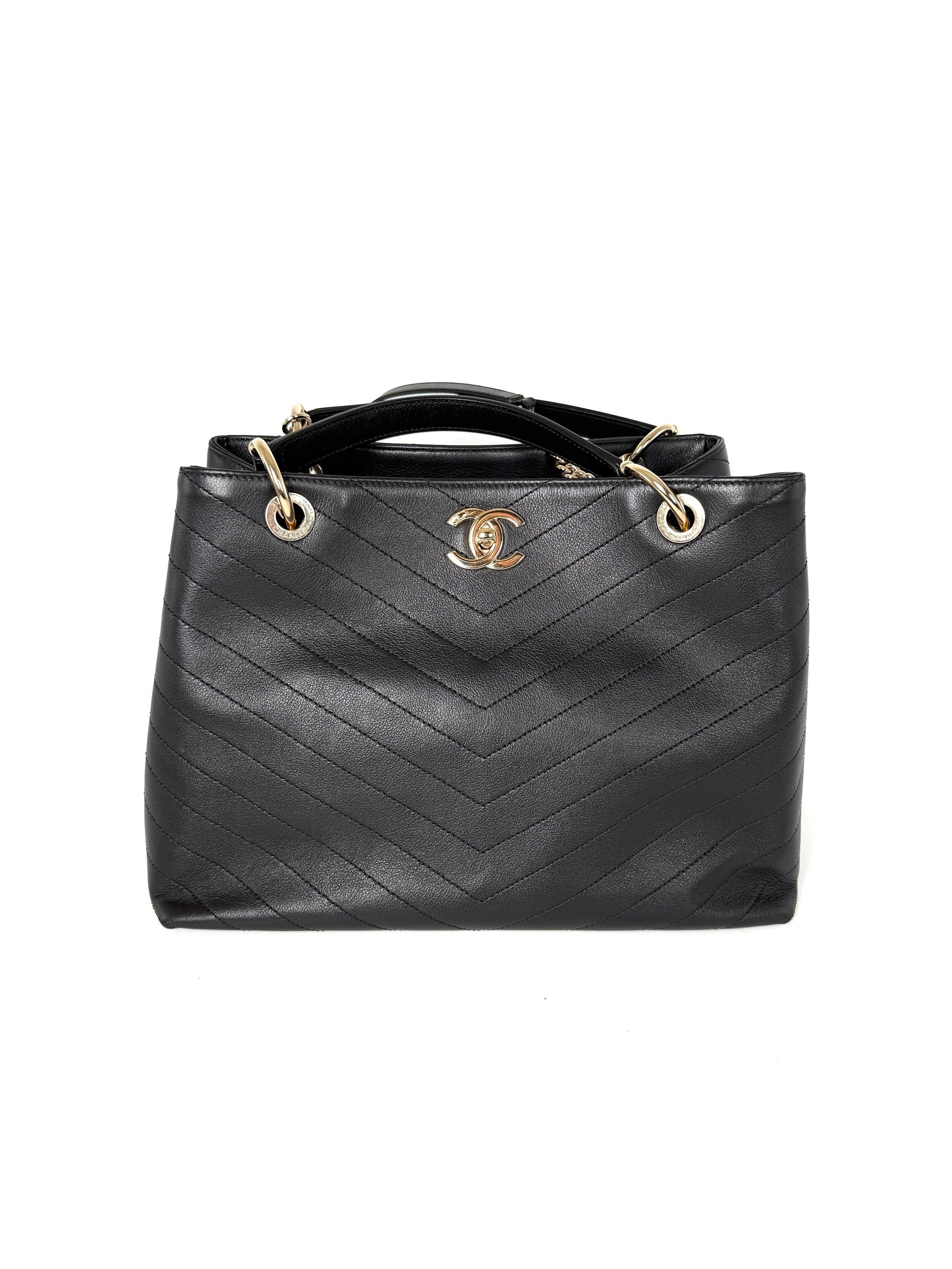 CHANEL Large Chevron Stitched Chic Shopping Black Calfskin Leather Tote Bag