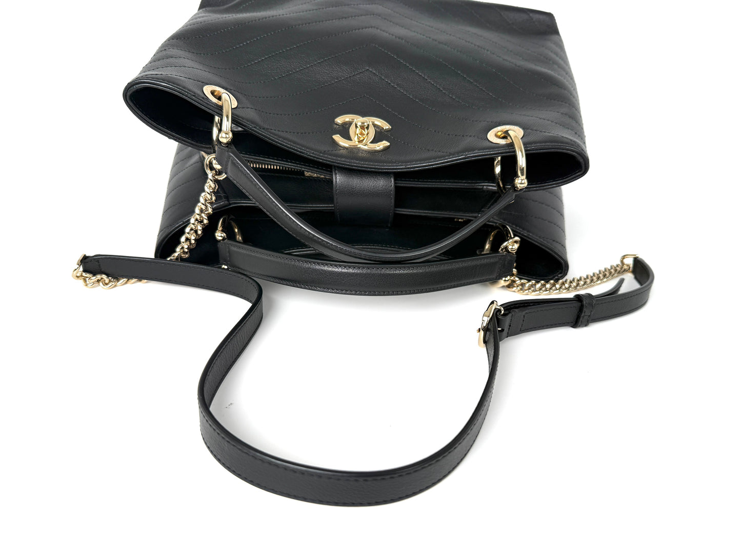CHANEL Large Chevron Stitched Chic Shopping Black Calfskin Leather Tote Bag