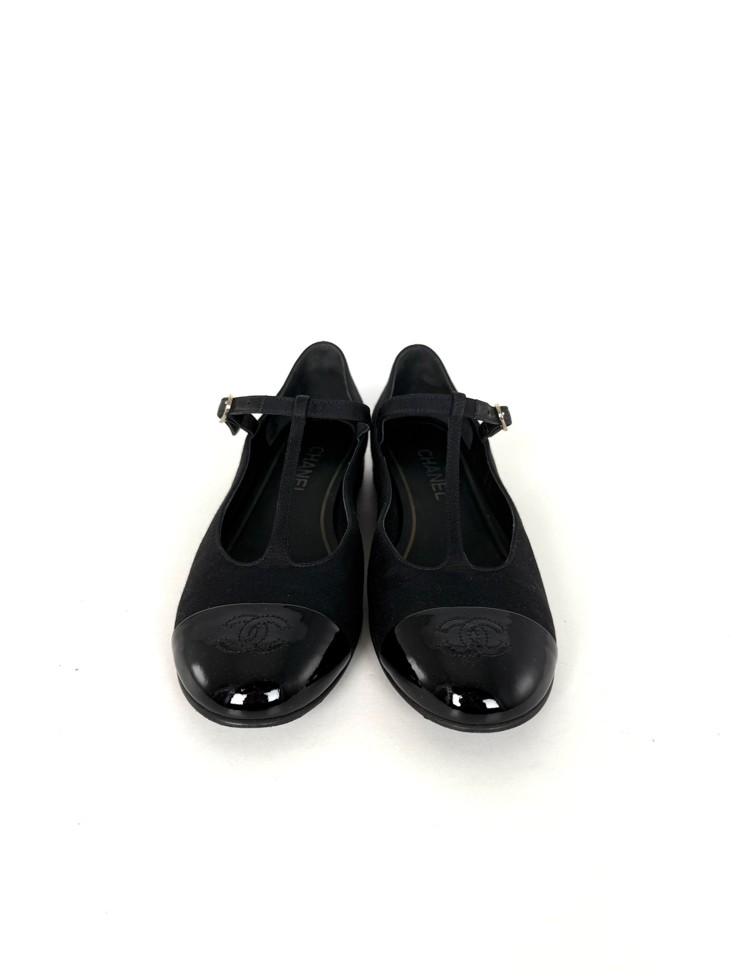 CHANEL Cap Toe Mary Jane Satin Patent Leather CC Logo Low Heel Pumps 39 8.5