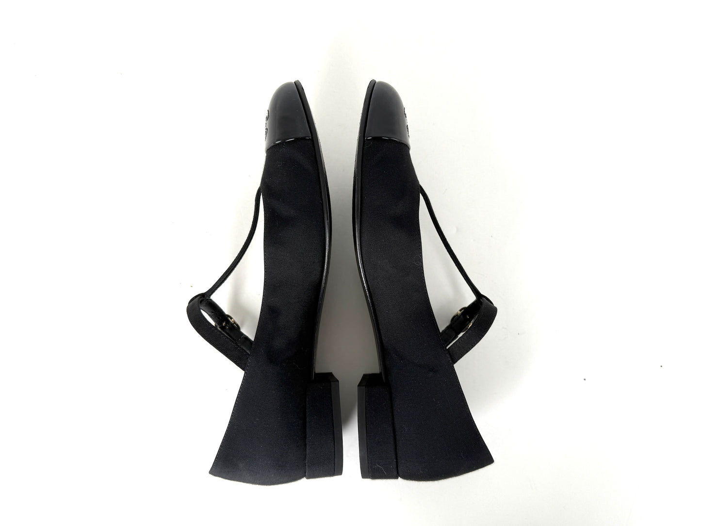 CHANEL Cap Toe Mary Jane Satin Patent Leather CC Logo Low Heel Pumps 39 8.5