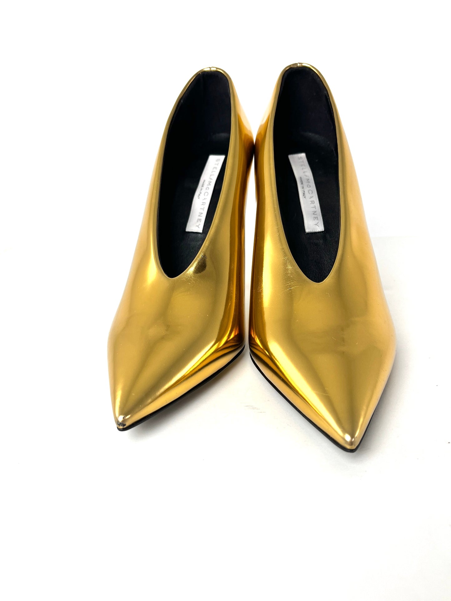 Stella McCartney Pointed Tow V Neck Metallic Gold Pumps Heels 38 7.5