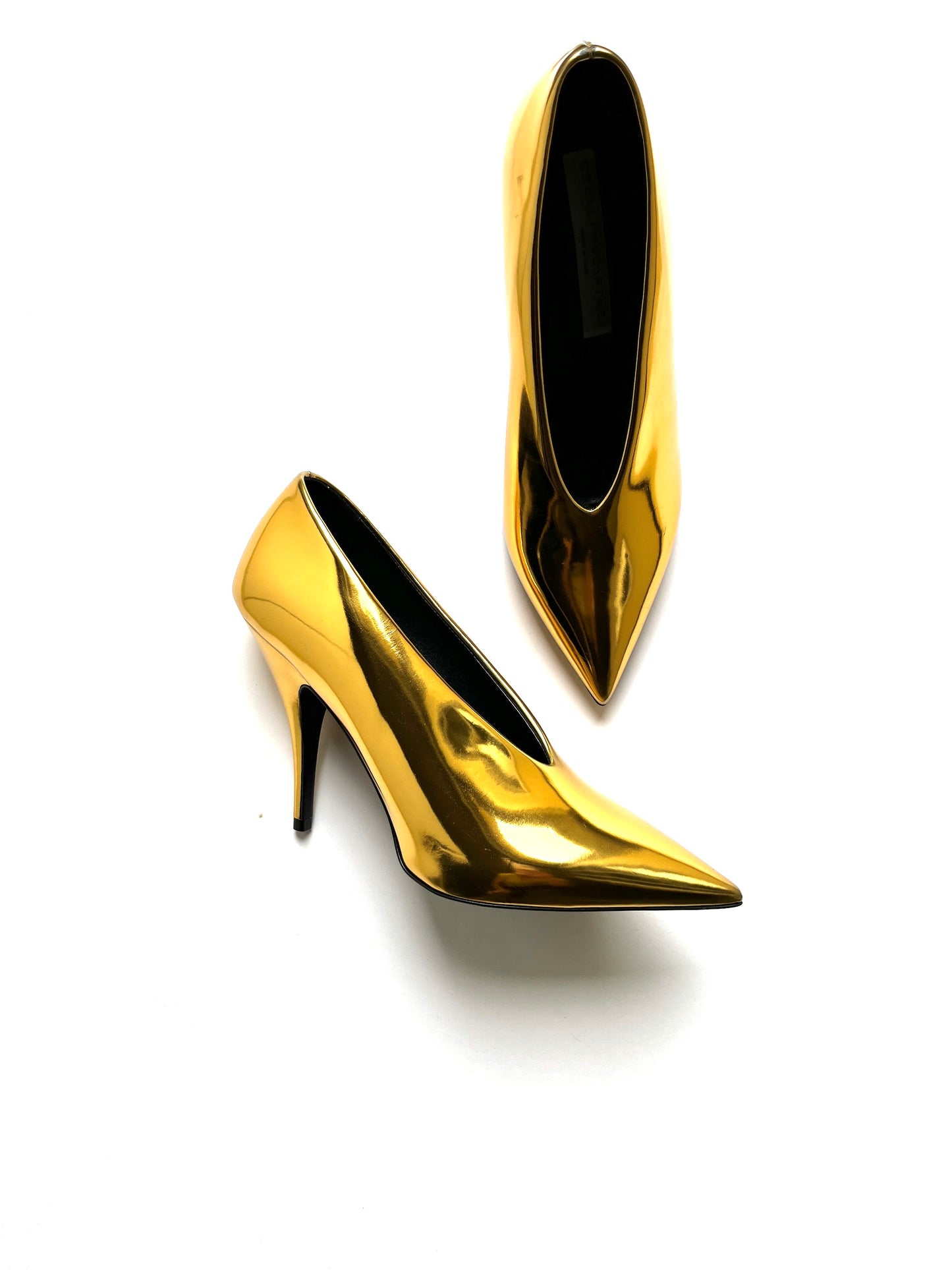 Stella McCartney Pointed Tow V Neck Metallic Gold Pumps Heels 38 7.5