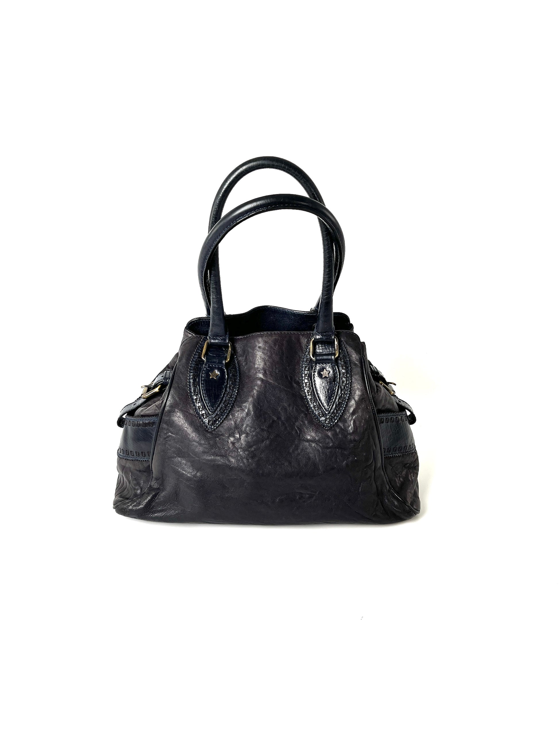 Vintage FENDI Etniko Navy Blue Leather Shoulder  Bag