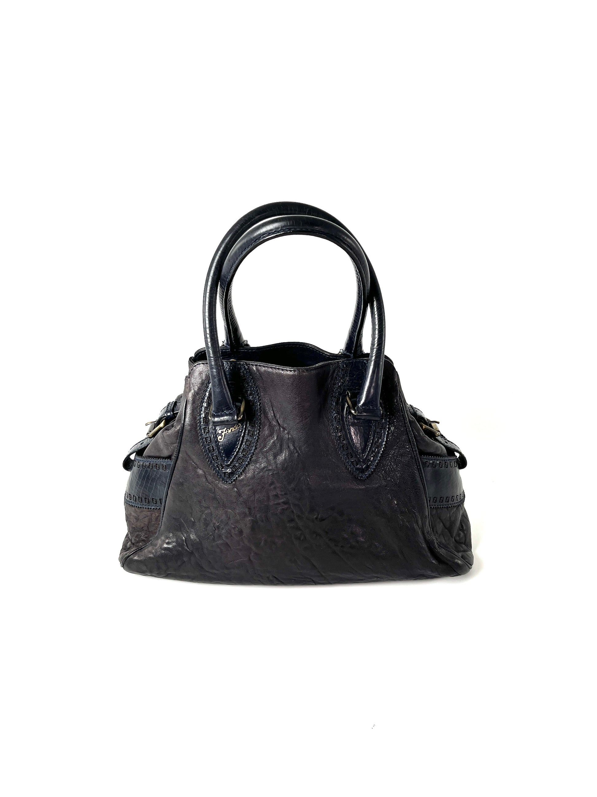 Vintage FENDI Etniko Navy Blue Leather Shoulder  Bag