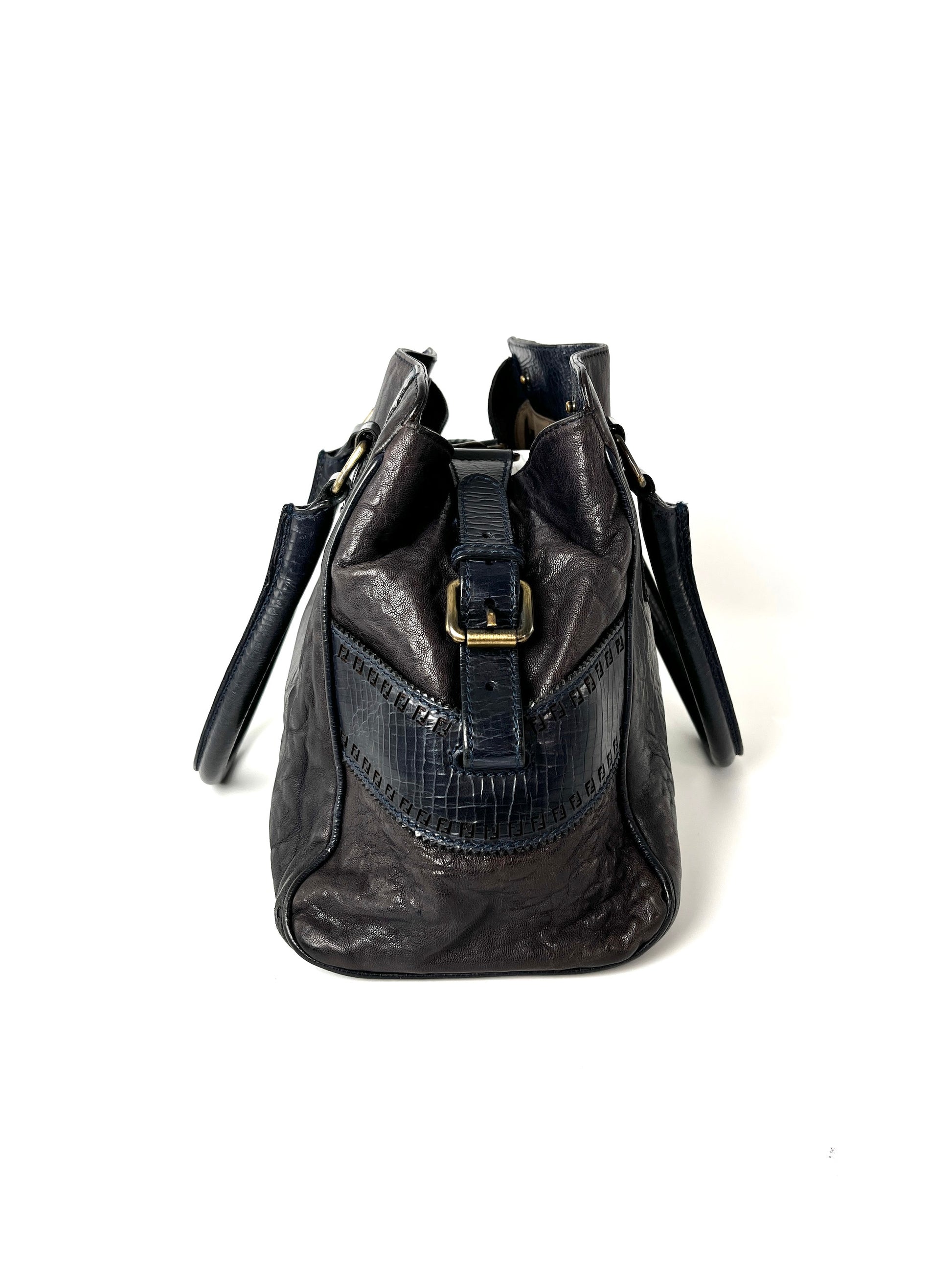 Vintage FENDI Etniko Navy Blue Leather Shoulder  Bag