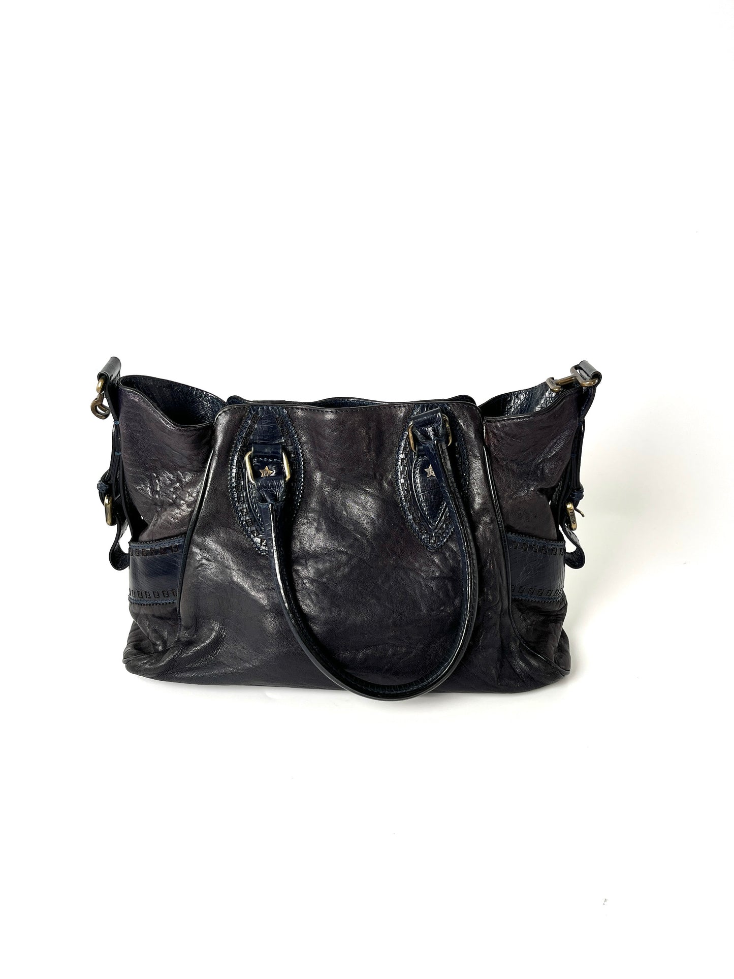 Vintage FENDI Etniko Navy Blue Leather Shoulder  Bag