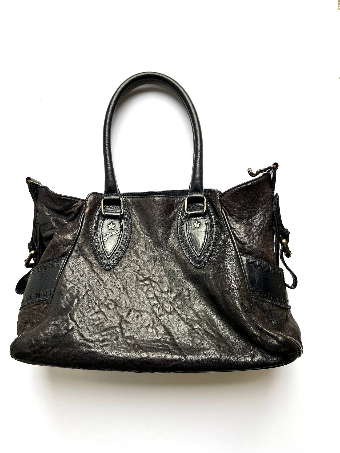 Vintage FENDI Etniko Navy Blue Leather Shoulder  Bag