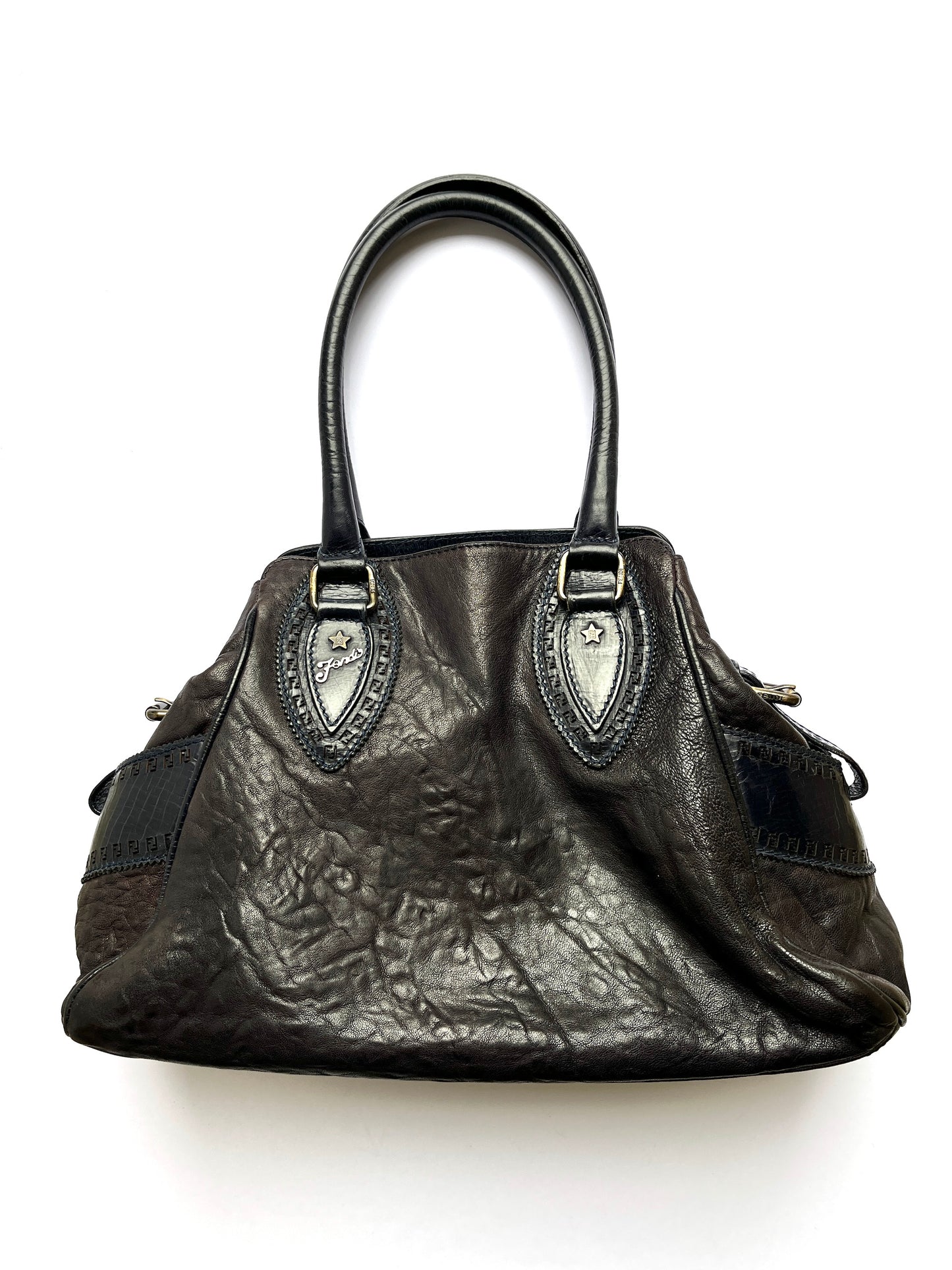 Vintage FENDI Etniko Navy Blue Leather Shoulder  Bag