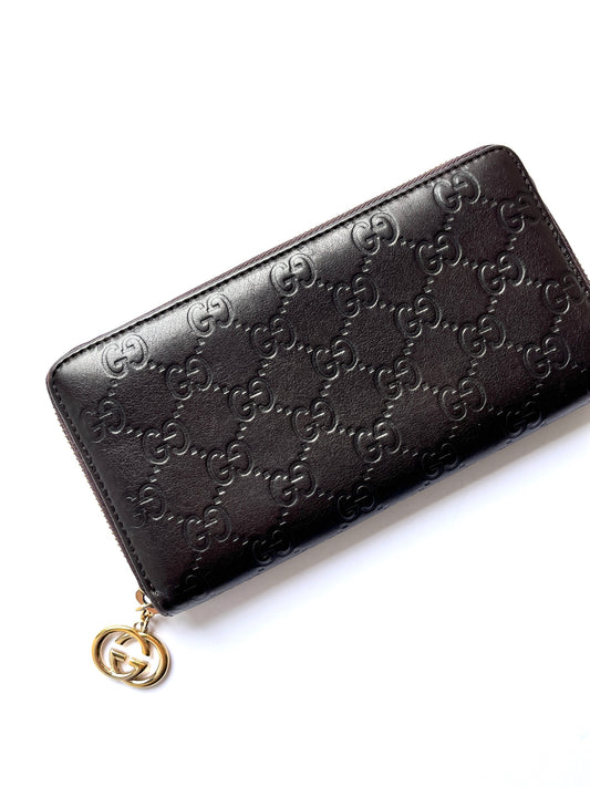 Vintage Gucci Guccissima Monogram Dark Brown Leather Long Zip Wallet