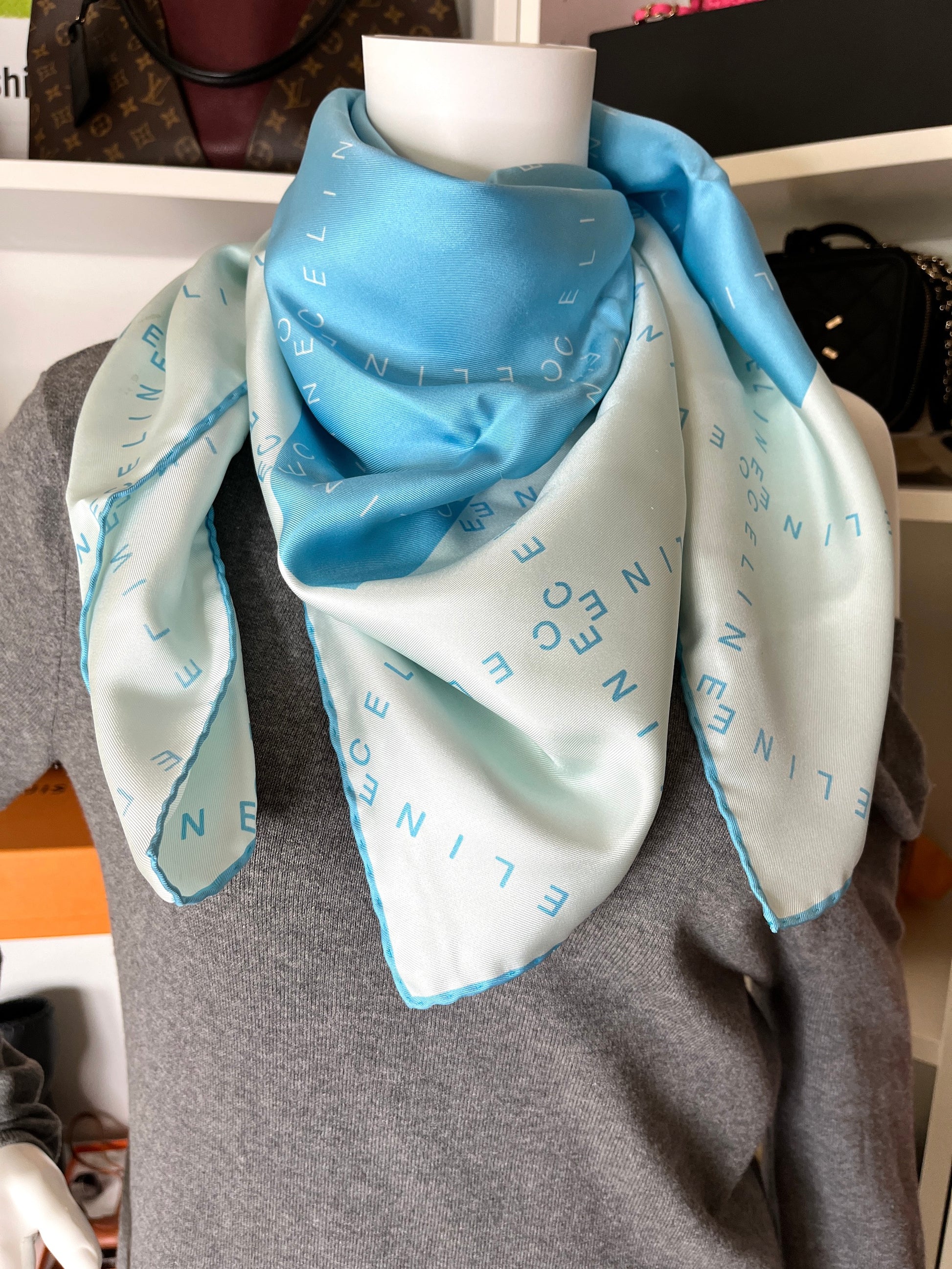 Celine Silk Light Blue Print Square Scarf