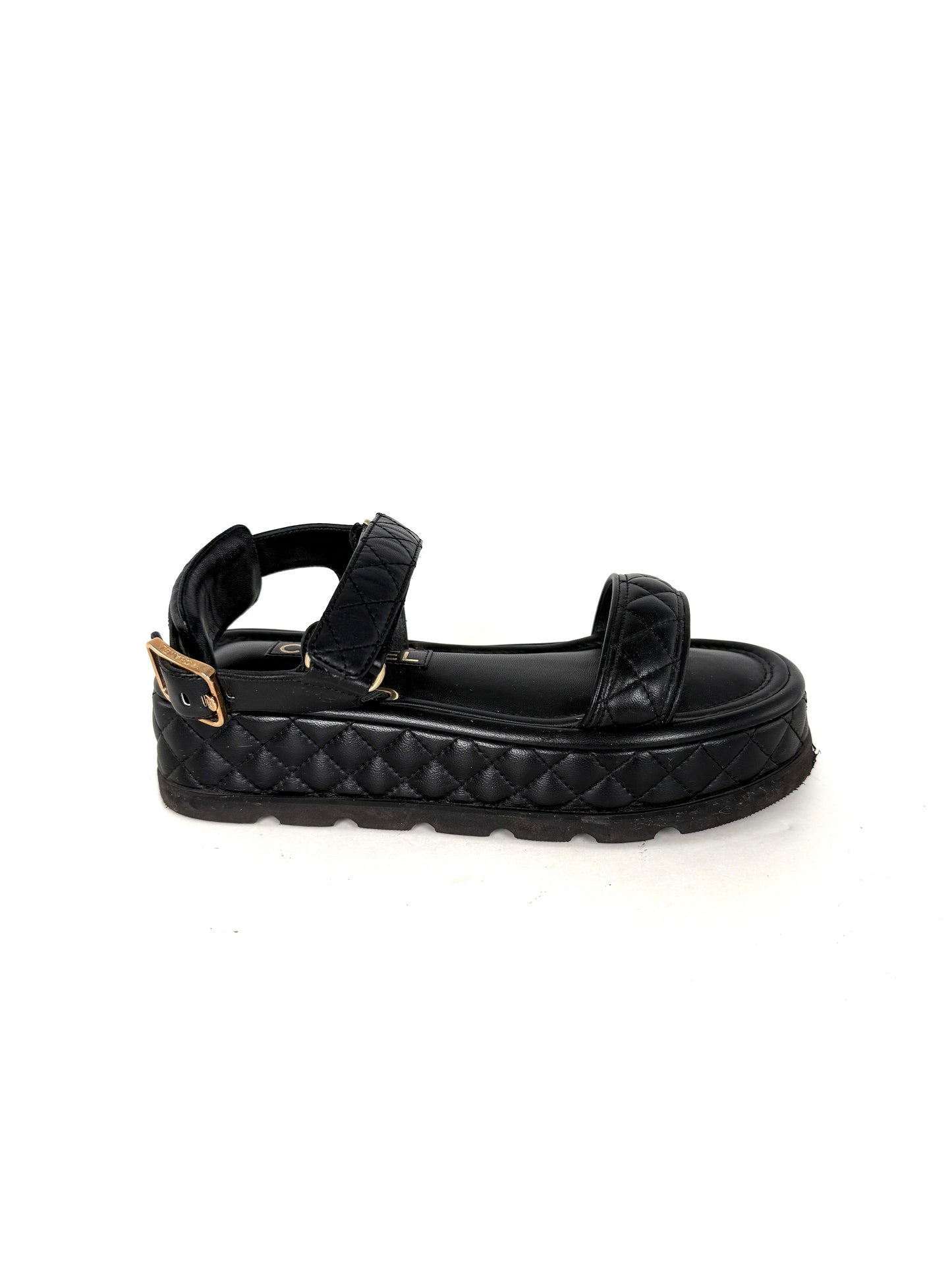 CHANEL Black Platform CC Logo Quilted Leather 2022 Sandals 37.5 7