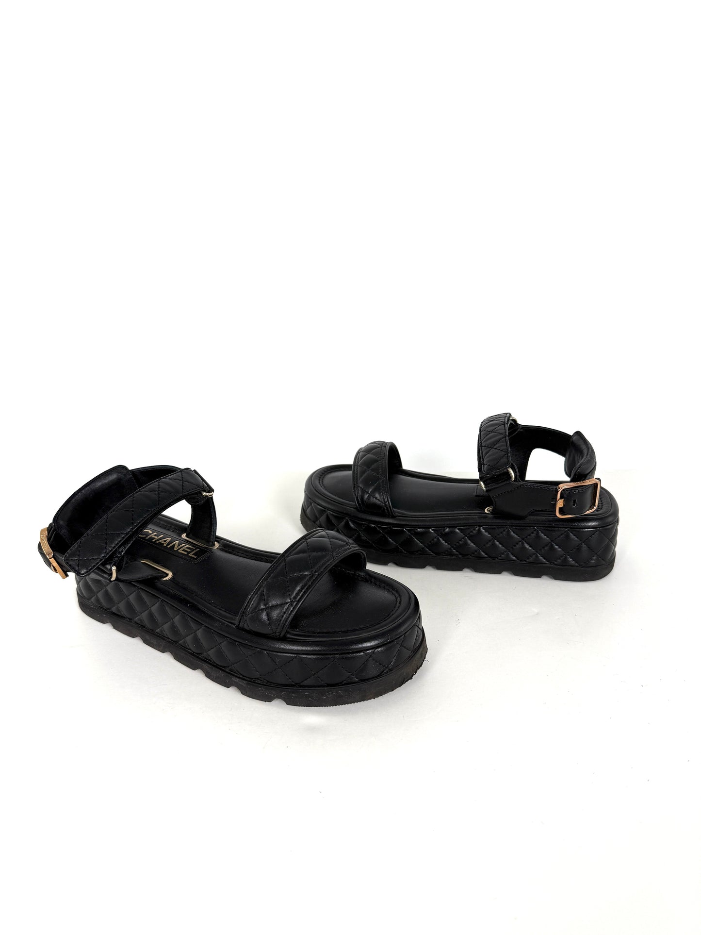 CHANEL Black Platform CC Logo Quilted Leather 2022 Sandals 37.5 7