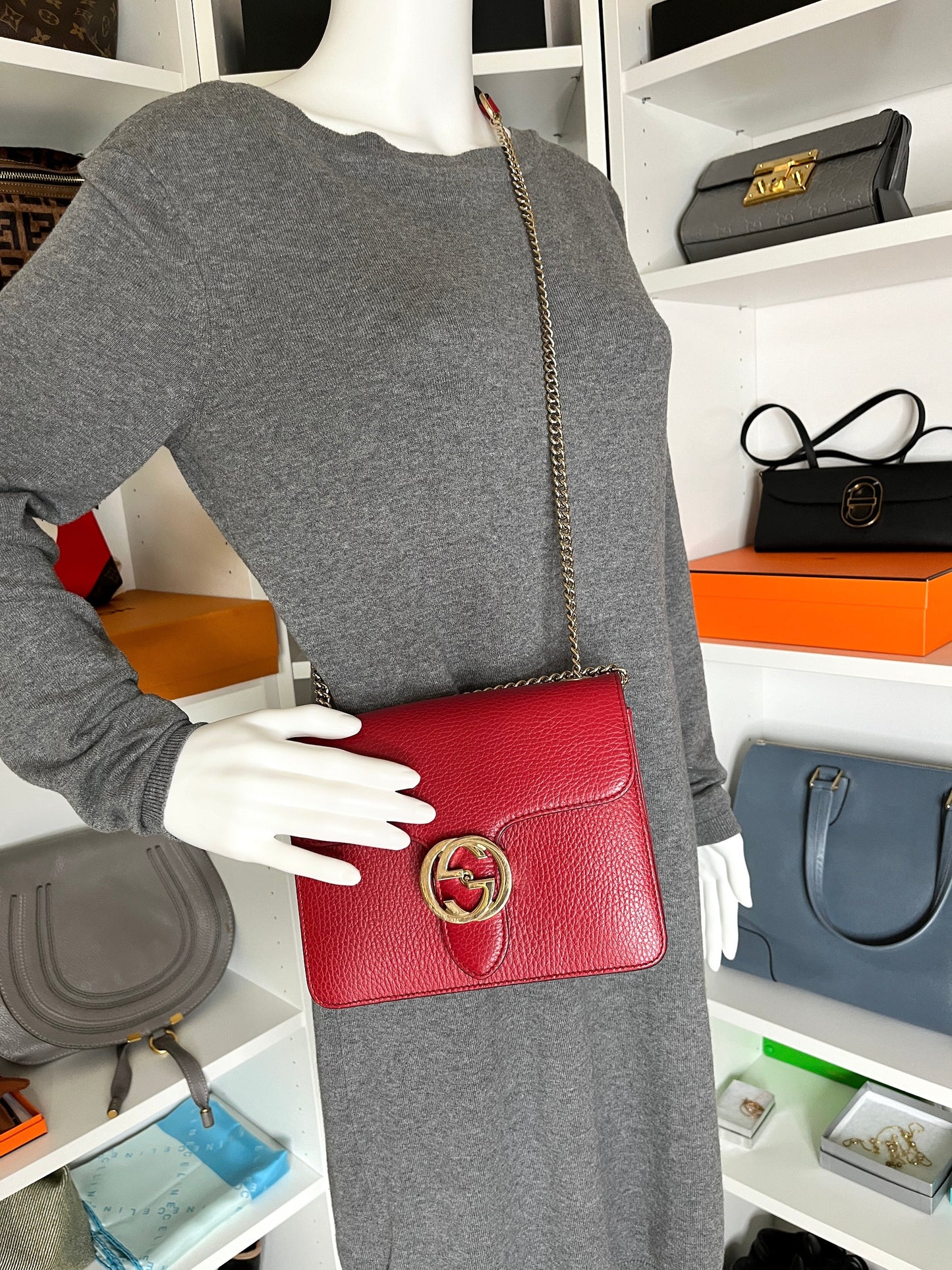 Gucci Dollar Red Leather Interlocking GG Crossbody Shoulder Bag