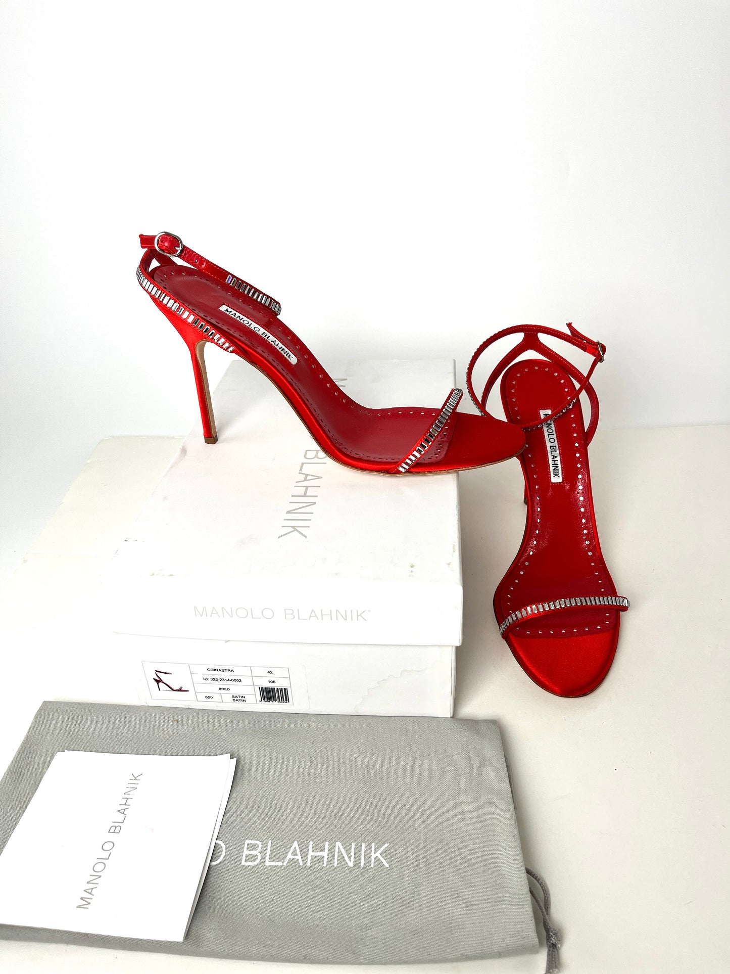 New Manolo Blahnik Crinastra Red Rhinestone Satin Sandals 42 11.5